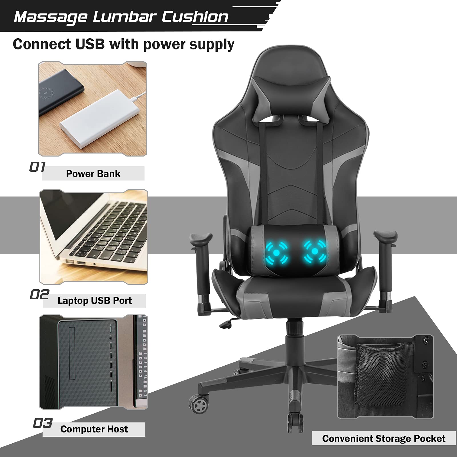 GYMAX Ergonomic Gaming Chair with Adjustable Headrest & Lumbar Support - Reclining Computer Chair for Adults - Comfortable Office Desk Chair for Gamers & Professionals - Perfect for Long Gaming Sessions & Remote Work (Grey)