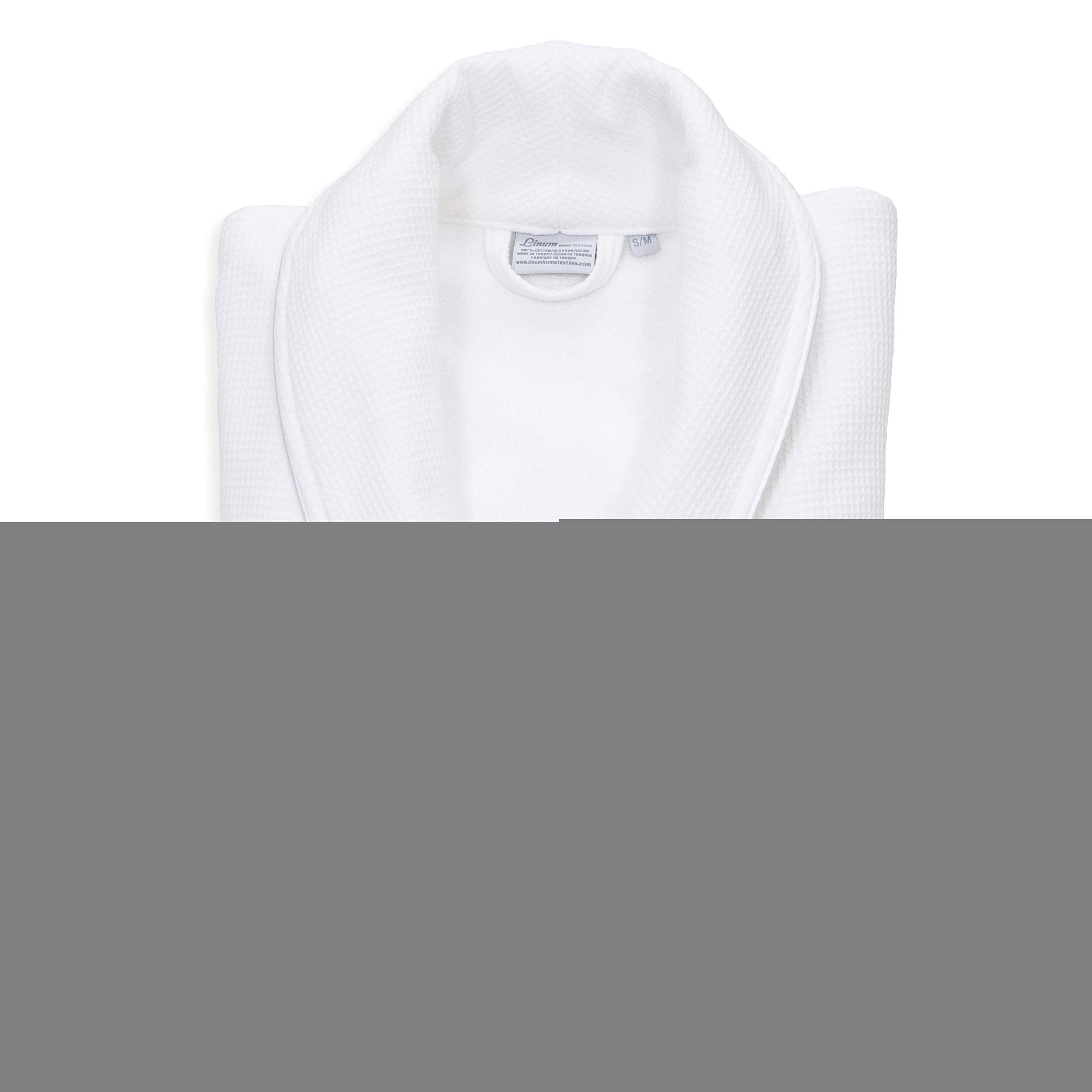 Premium White Unisex Turkish Cotton Waffle Weave Bathrobe with Grey Monogram - Soft & Absorbent Terry Cloth Robe for Spa, Hotel & Home Relaxation (Size L/XL)