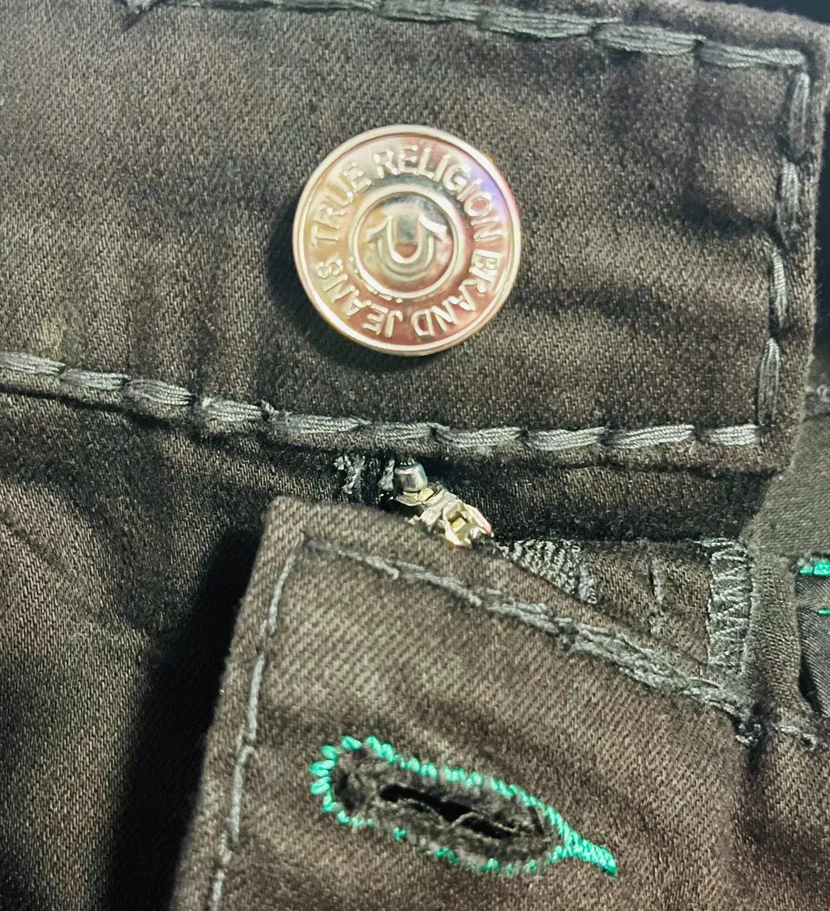 True Religion Men's Jeans - Green Stitch Skinny Relaxed Fit, Embroidered Rare Limited Edition for Casual Wear & Street Style