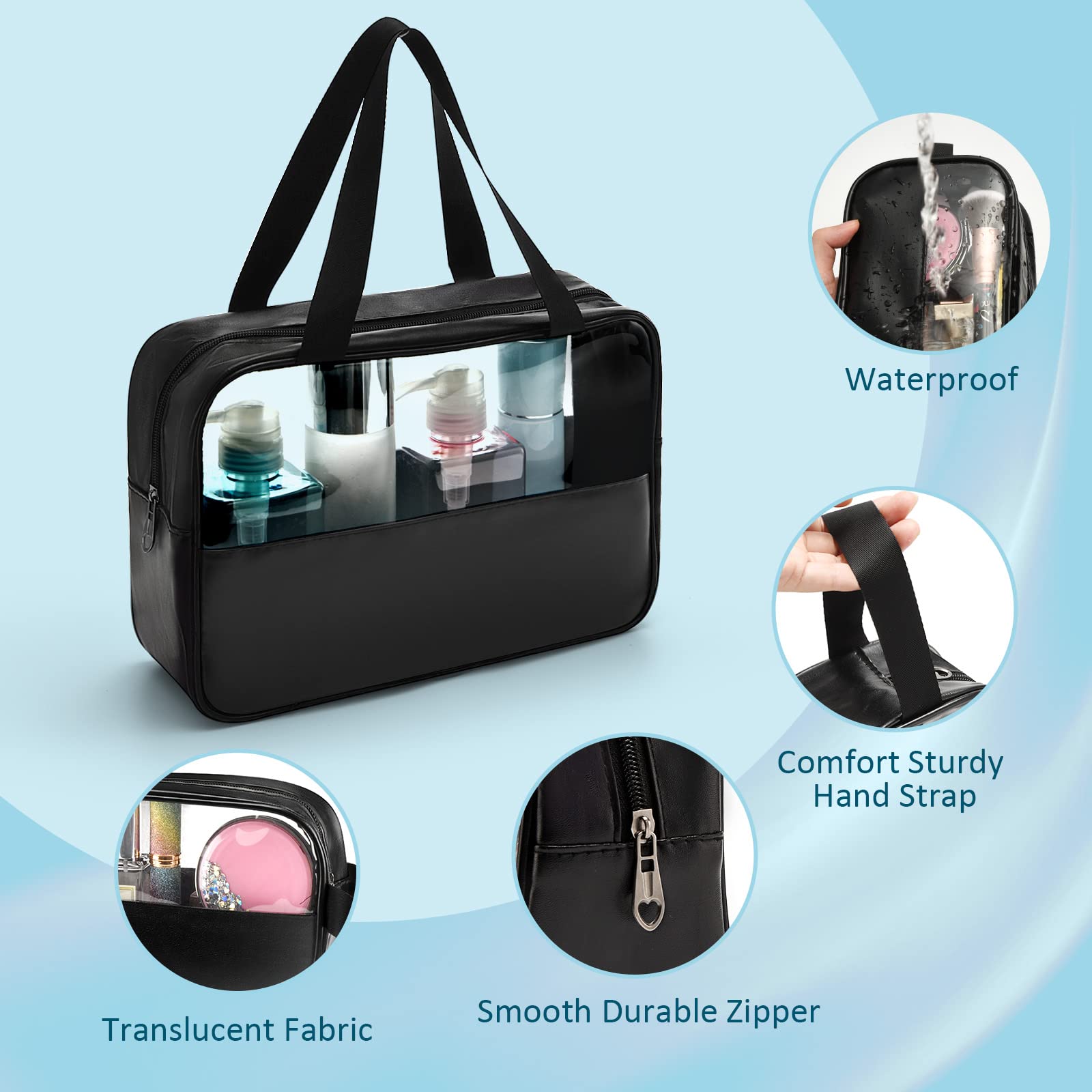Aryamurti Waterproof Translucent Toiletry Bag for Women & Men - Travel Makeup Cosmetic Organizer for Accessories & Toiletries (Black) | Perfect for Gym, Vacation & Daily Essentials Storage