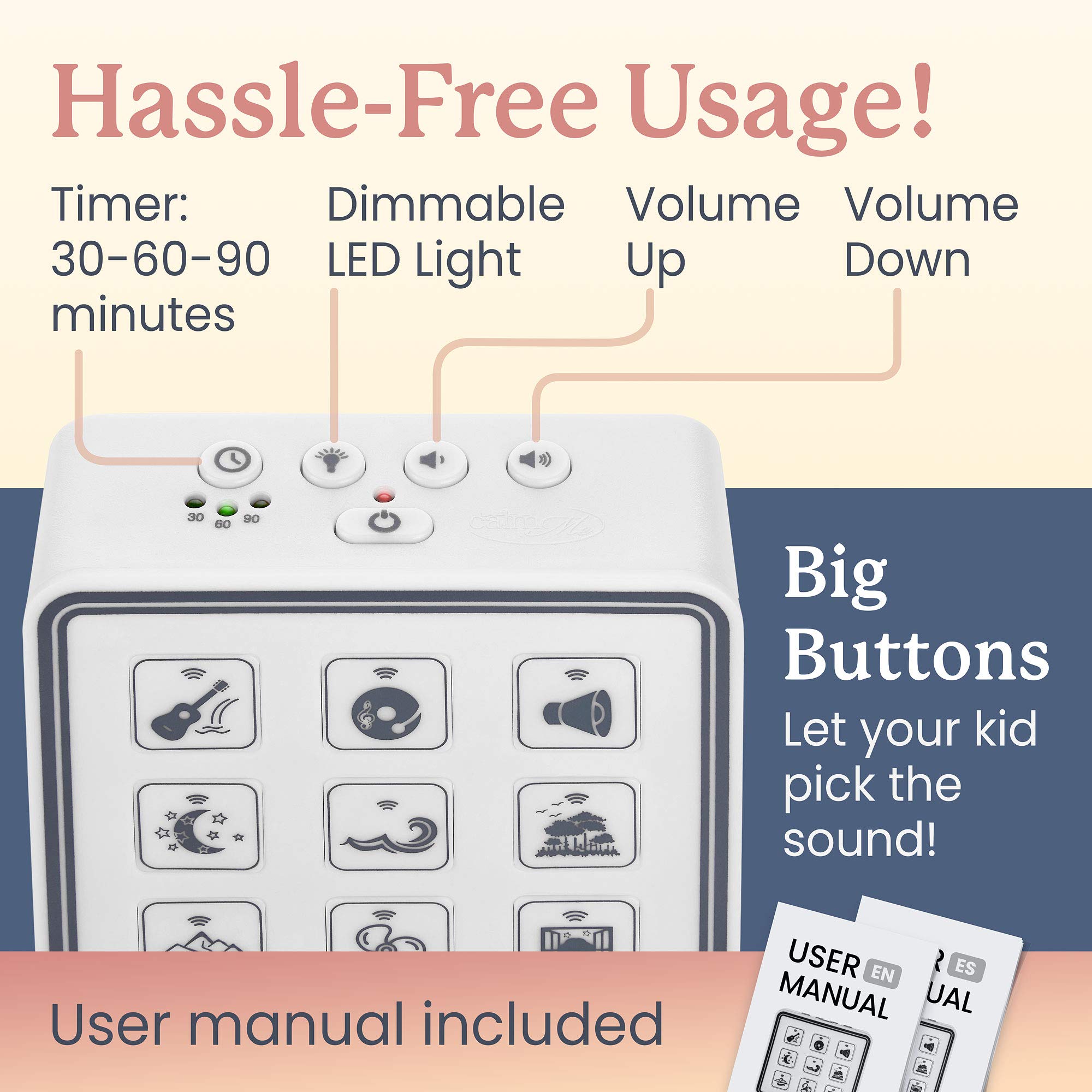 Calm Me Sound Machine - White Portable Sleep Therapy Device with 9 Natural Sounds, Auto Timer & Night Light for Adults & Babies | USB Powered with Headphone Jack | Perfect for Home, Nursery, Office & Travel Use