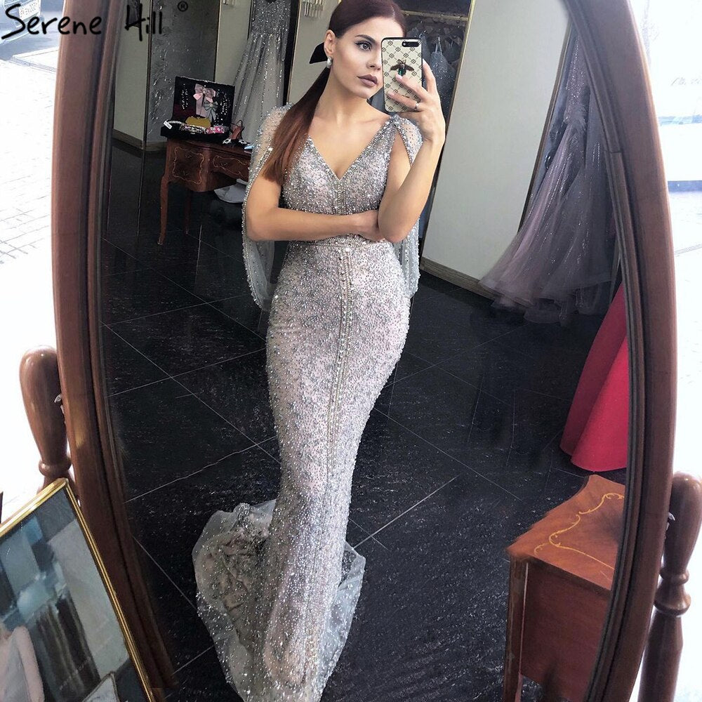 Elegant Grey Mermaid Evening Dress with Sparkle Beading & Crystal Details - Women's Luxury Party Gown for Prom, Wedding, or Formal Events - LA70847
