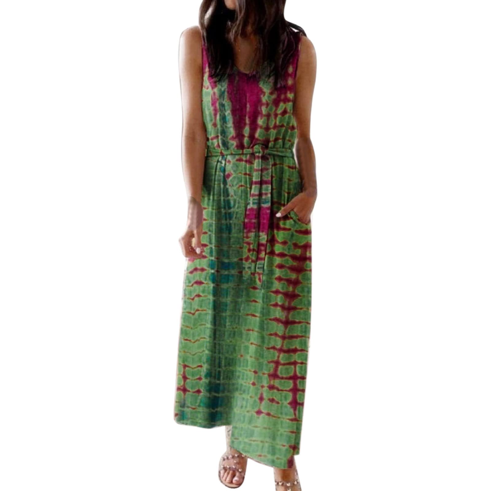 ONablvd Women's Casual Sleeveless Striped V-Neck Midi Dress - Halter Neck Ruched Tie Waist Summer T-Shirt Dress for Beach, Vacation & Outdoor Activities
