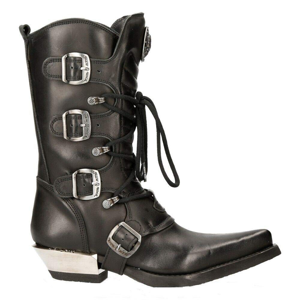 NEW ROCK M-7993-S1 Western Cowboy Boots - Black Leather Buckle Heavy Biker Shoes for Men - Perfect for Motorcycle Riding, Country Music Festivals & Western Fashion