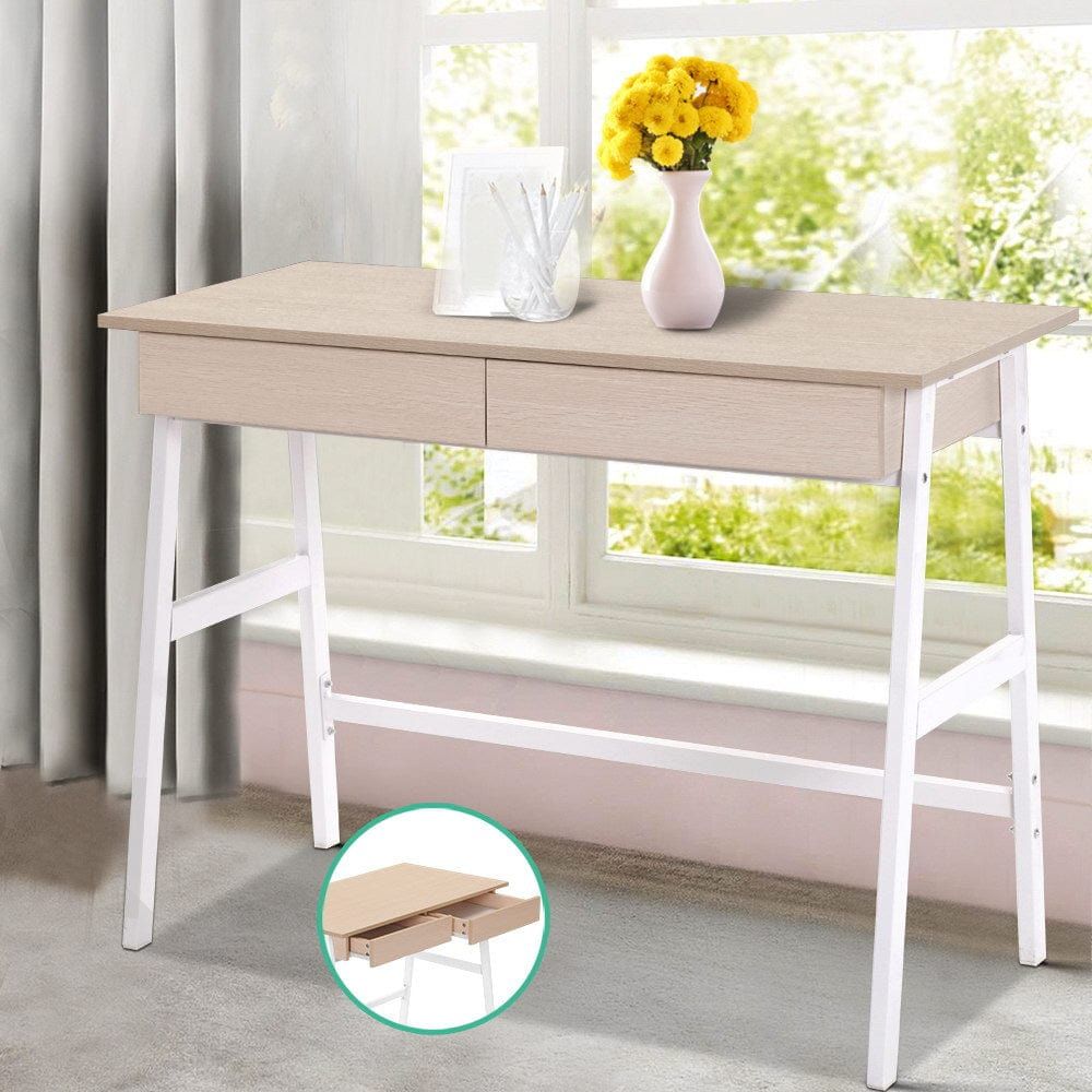 Borg 1000mm White Metal Desk with Oak Top and Drawer - Perfect for Home Office, Study Room, and Workspace Organization