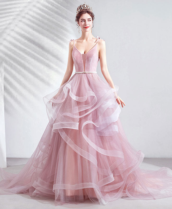 Elegant Pink V-Neck Tulle Long Prom Dress for Women - Formal Evening Gown for Homecoming, Ball, and Special Occasions
