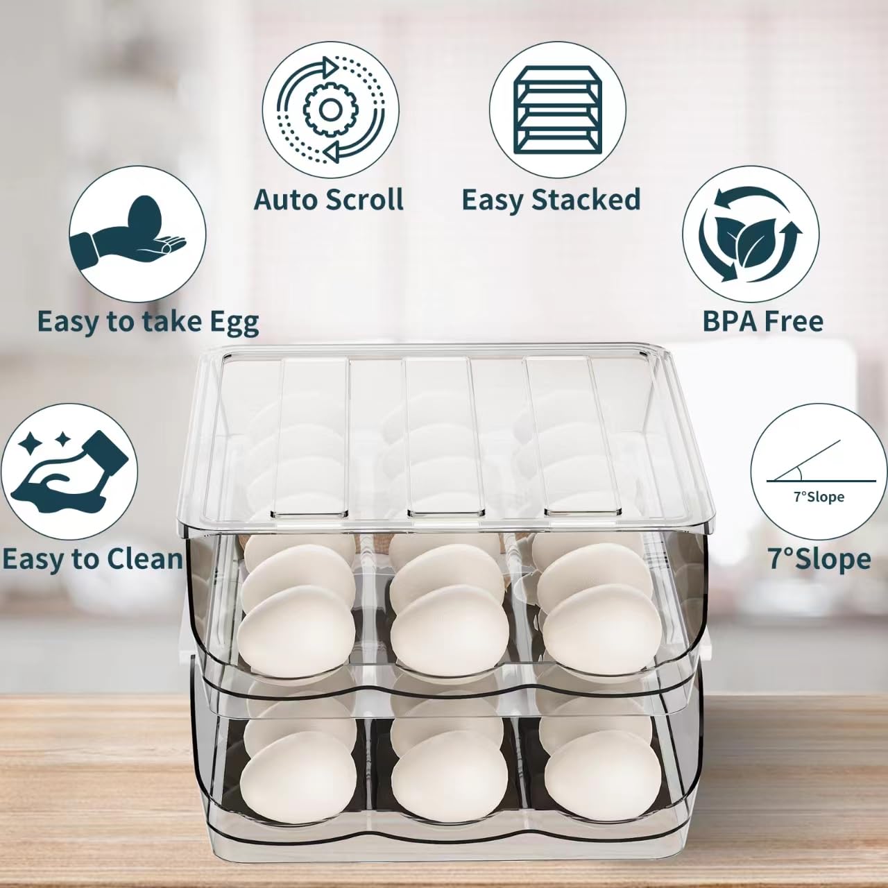 Automatic Rolling Egg Storage Container for Refrigerator - 2 Layer Clear Plastic Egg Dispenser, Egg Holder & Organizer | Perfect for Kitchen, Breakfast Meal Prep & Space-Saving Fridge Storage