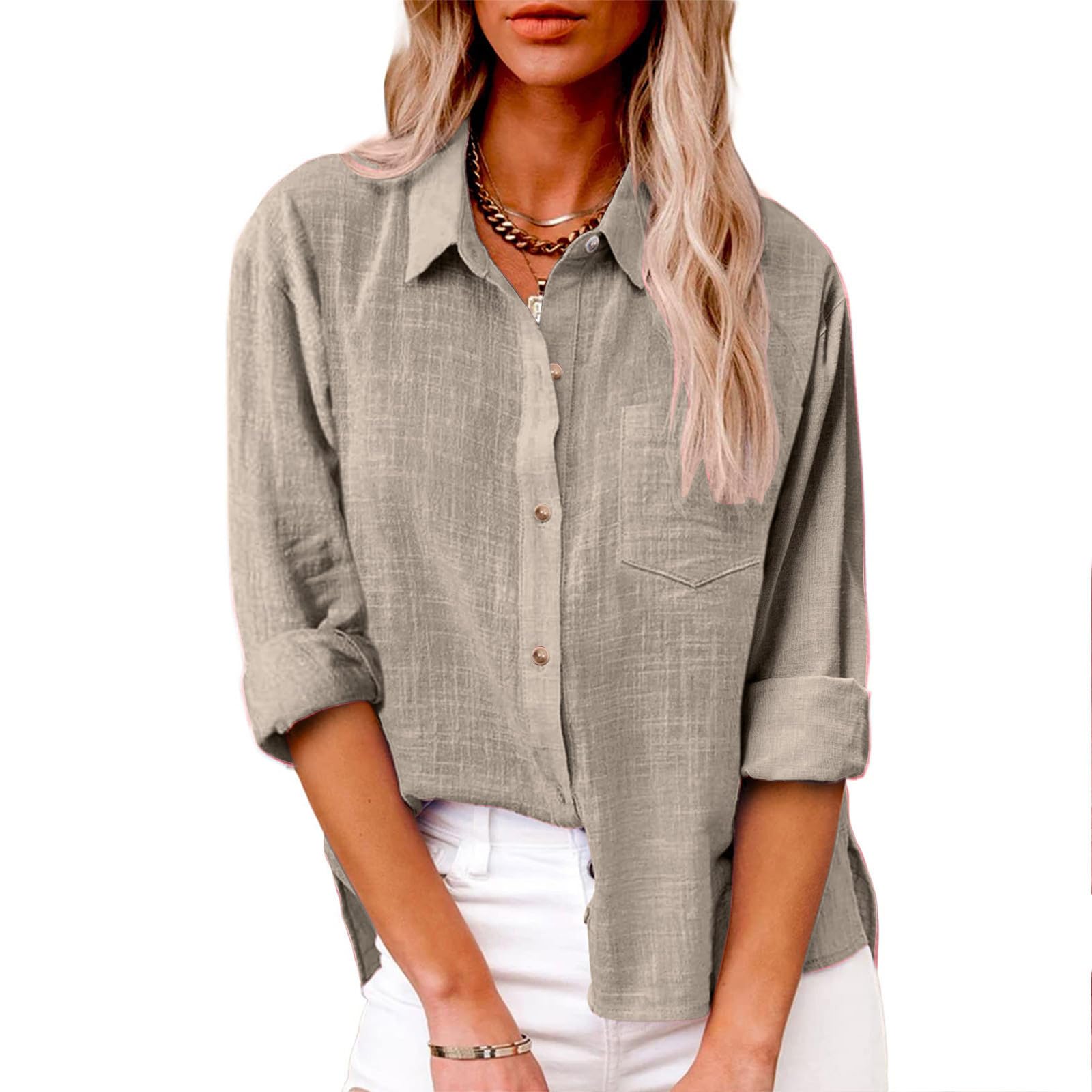 Women's Linen Long Sleeve Blouse - V Neck Button Down Shirt for Summer, Comfortable Business Casual Tops for Office Wear & Outdoor Activities