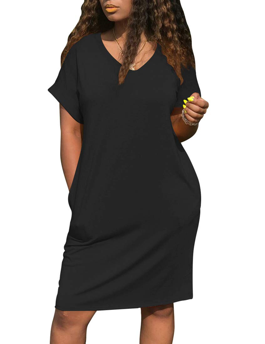 Cailami Women's Summer V-Neck Short Sleeve Midi T-Shirt Dress - Casual Tunic Dress with Pockets for Beach, Travel & Everyday Wear