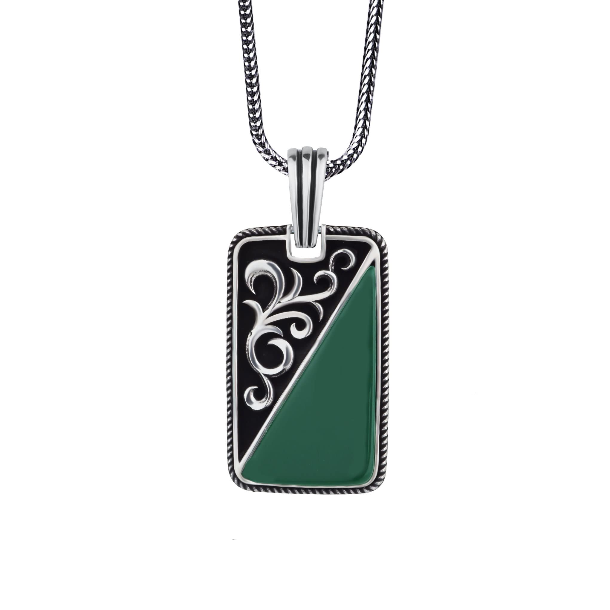 Men's Sterling Silver Necklace with Rectangle Pendant - Green Agate Silver Relief Jewelry for Him | Perfect Gift for Birthday, Anniversary & Special Occasions