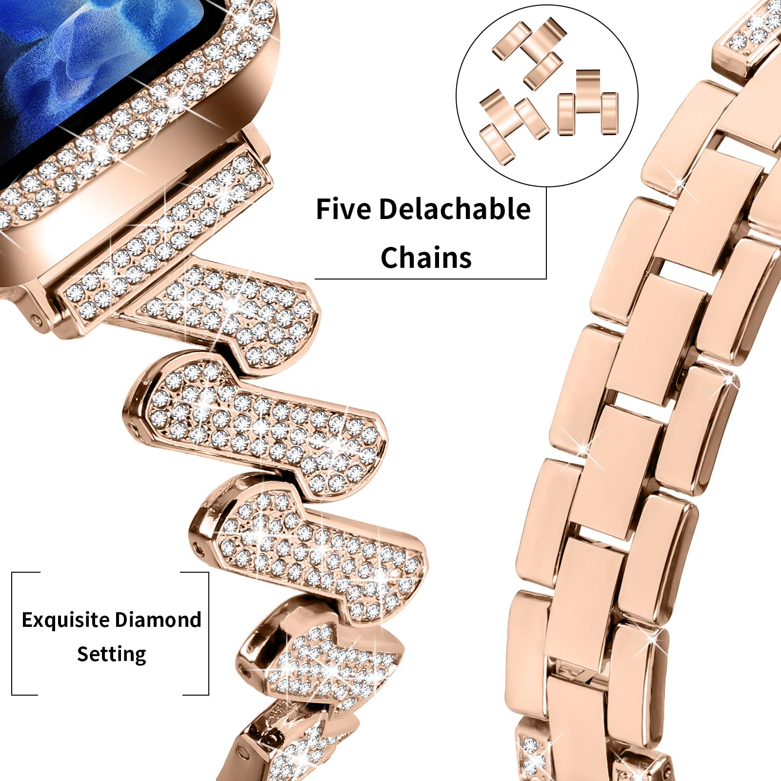 JOYOZY Bling Bands for Apple Watch 38mm 40mm 41mm 42mm 44mm 45mm - Sparkling Diamond Metal Strap with Glitter Case & Built-in Screen Protector - Compatible with iWatch Series 9/8/7/6/5/4/3/2/1/SE - Perfect for Women's Fashion, Workouts & Everyday Wear