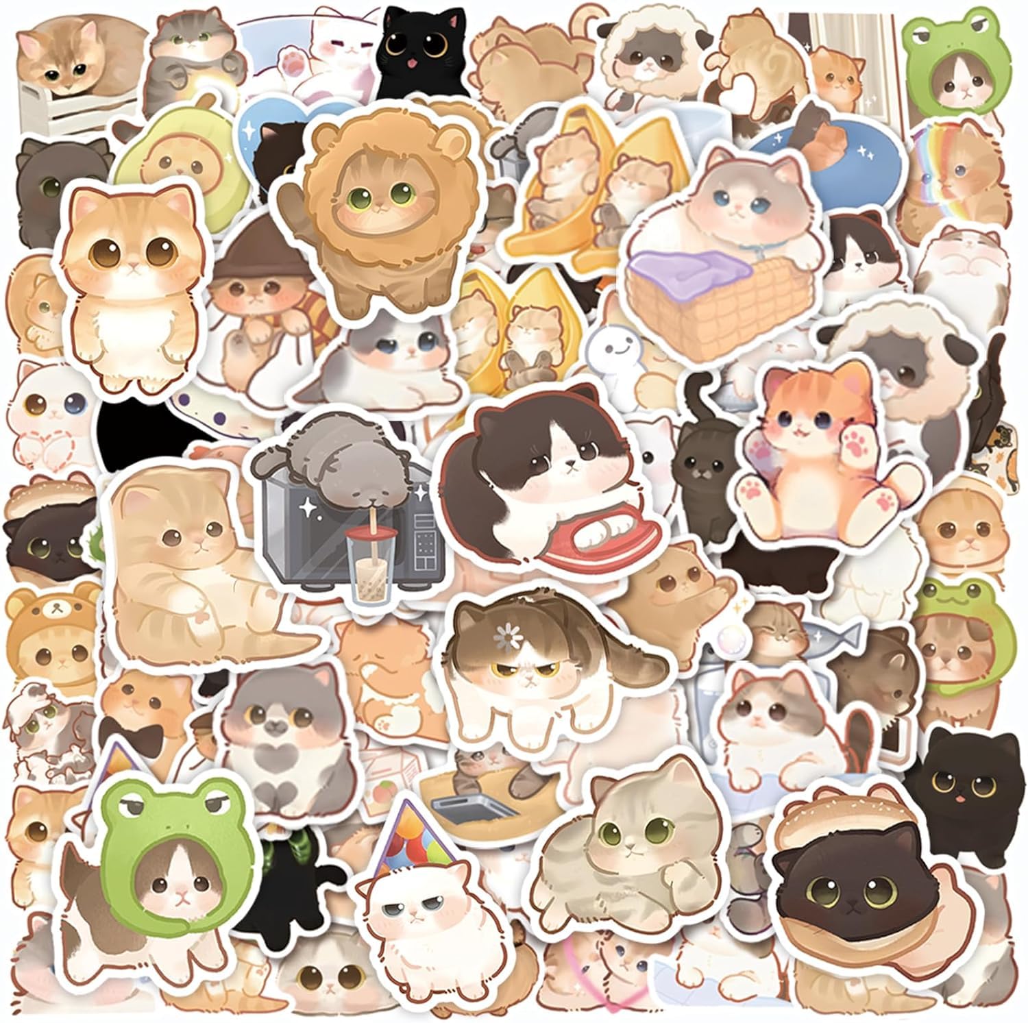 50 Pcs Cute Cartoon Cat Stickers - Waterproof Vinyl Kitty Decals for Water Bottles, Skateboards, Laptops & DIY Crafts - Fun Graffiti Art Stickers for Kids & Teens