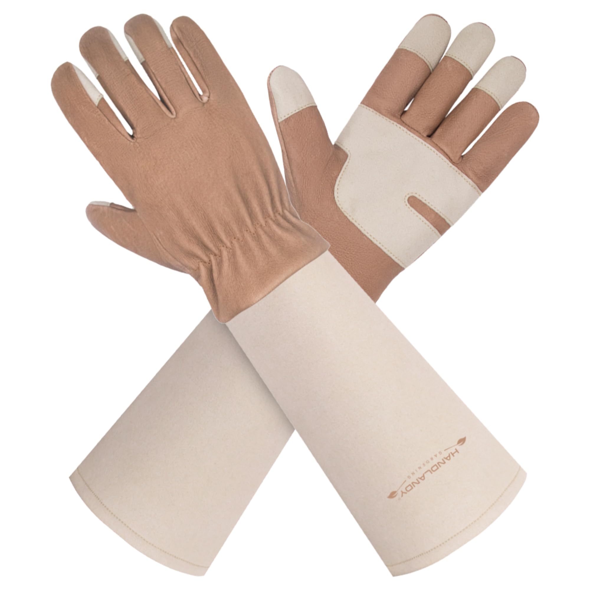 HLDD HANDLANDY Leather Gardening Gloves for Women & Men - Thorn Proof Long Sleeve Rose Pruning Gloves, Animal Handling & Garden Work Gauntlets (Small, Light Brown) - Perfect for Rose Gardening, Farm Work & Pet Care