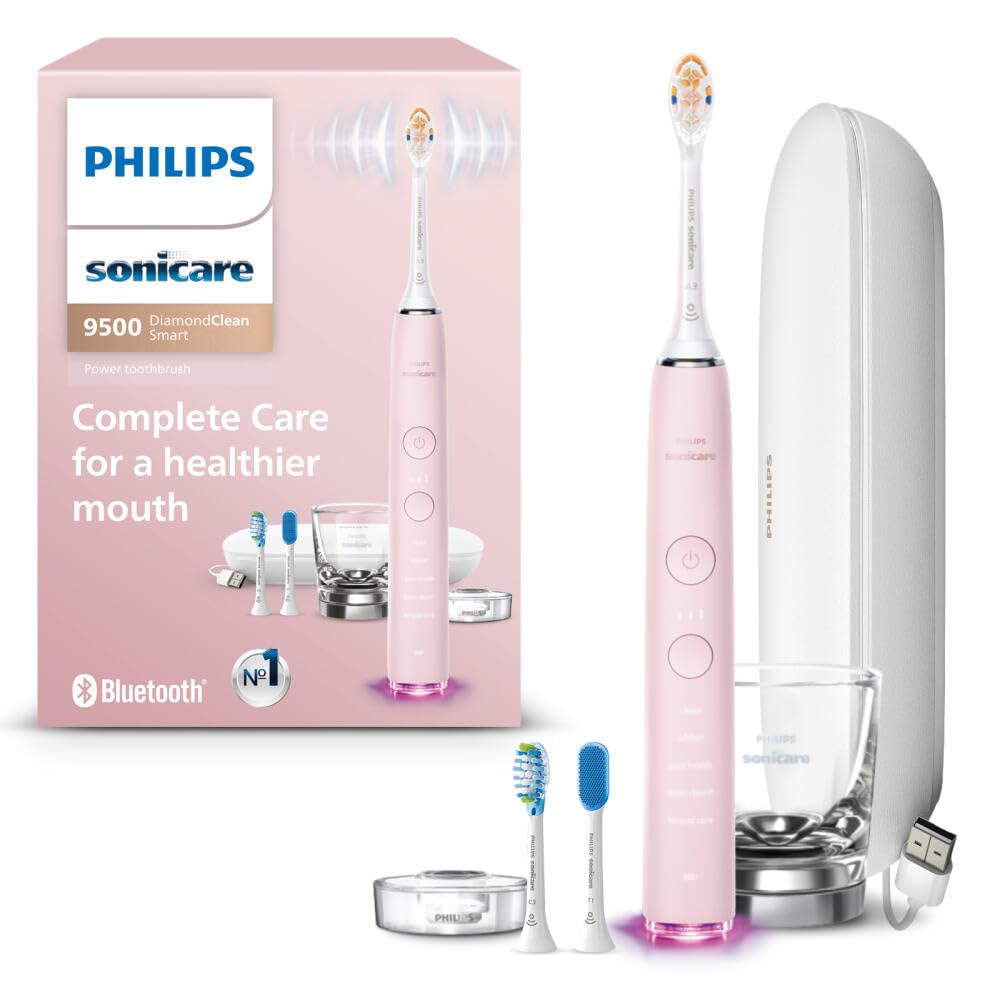 Philips Sonicare DiamondClean Smart 9500 Electric Toothbrush - Sonic Toothbrush with Bluetooth App, Pressure Sensor & Brush Head Detection, 5 Modes & 3 Intensity Levels, Pink (HX9923/21) for Whitening, Gum Care & Fresh Breath at Home or Travel