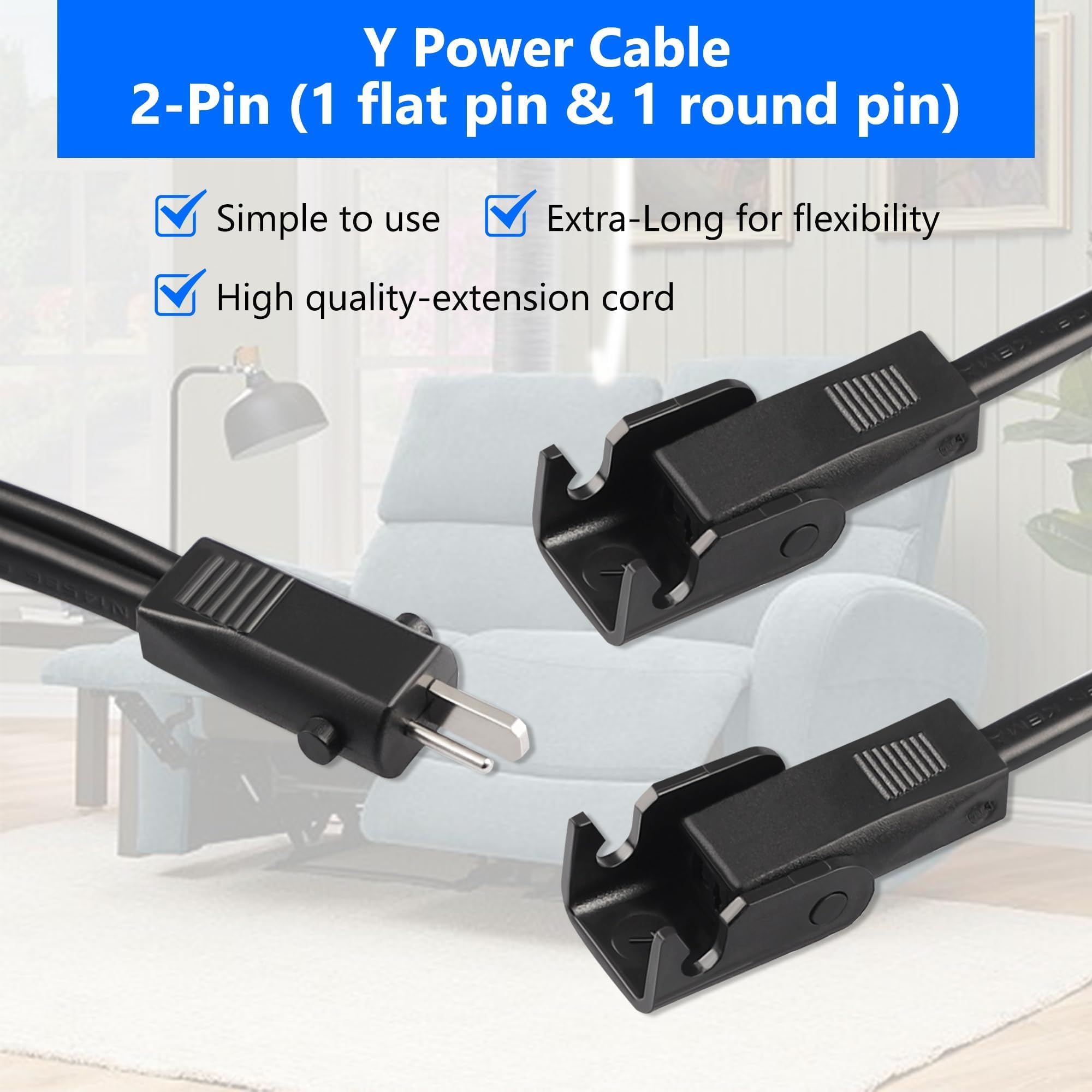 5 Feet Splitter Y Power Cord for Lift Chair & Power Recliner - Replacement Power Supply Cable for 2 Motors to 1 Outlet - Compatible with Okin, Limoss, La-Z-Boy, Pride, Catnapper - Perfect for Home Medical Equipment & Mobility Chairs