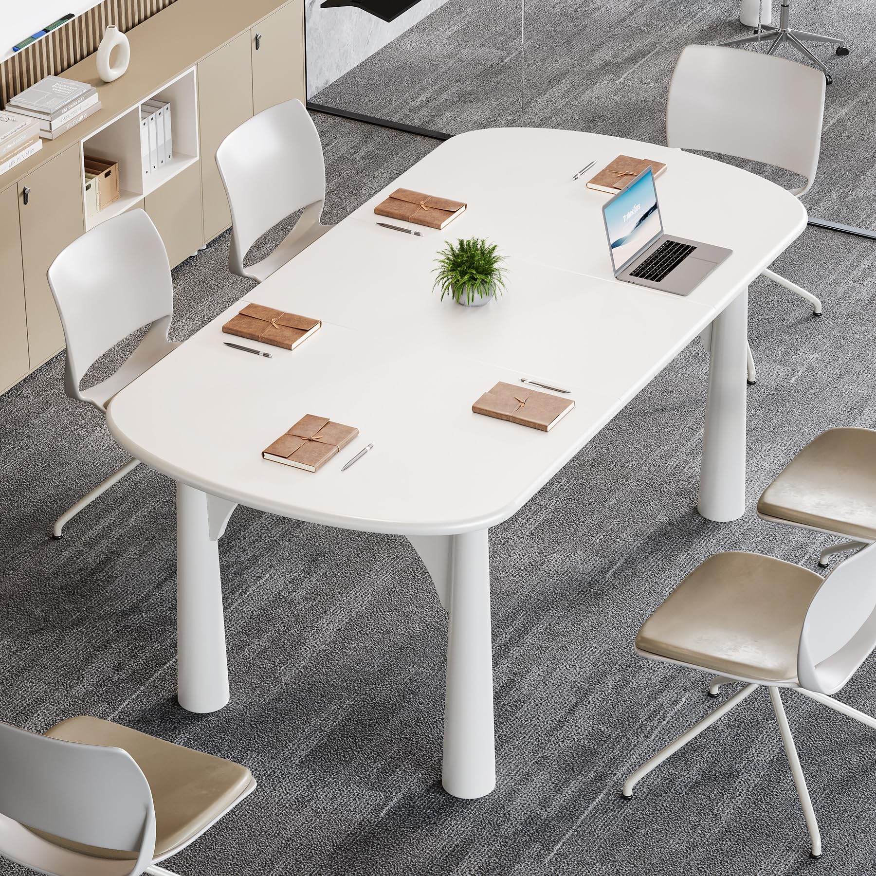 Tribesigns 63 Inch Oval Conference Table for 6 People - Solid Wood Legs Modern Office Desk for Meeting Rooms, Home Offices & Coworking Spaces - Cream White Finish