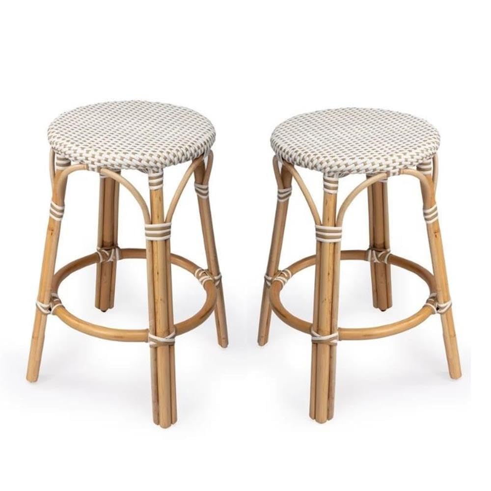 Home Square 2-Piece Rattan Counter Stool Set in Beige & White - Perfect for Kitchen Islands, Breakfast Bars & Home Decor