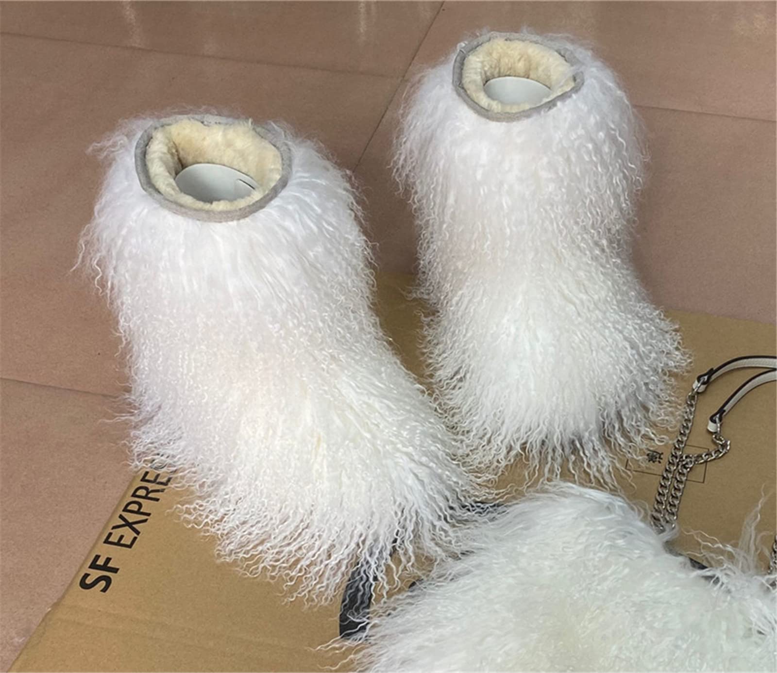 MSD-1 Women's Genuine Mongolian Sheepskin Fur Boots - Long Curly Hair Winter Snow Boots for Ladies & Girls | Warm Fluffy Shearling Booties for Skiing, Outdoor Activities & Christmas Gifts (Size 9, White)