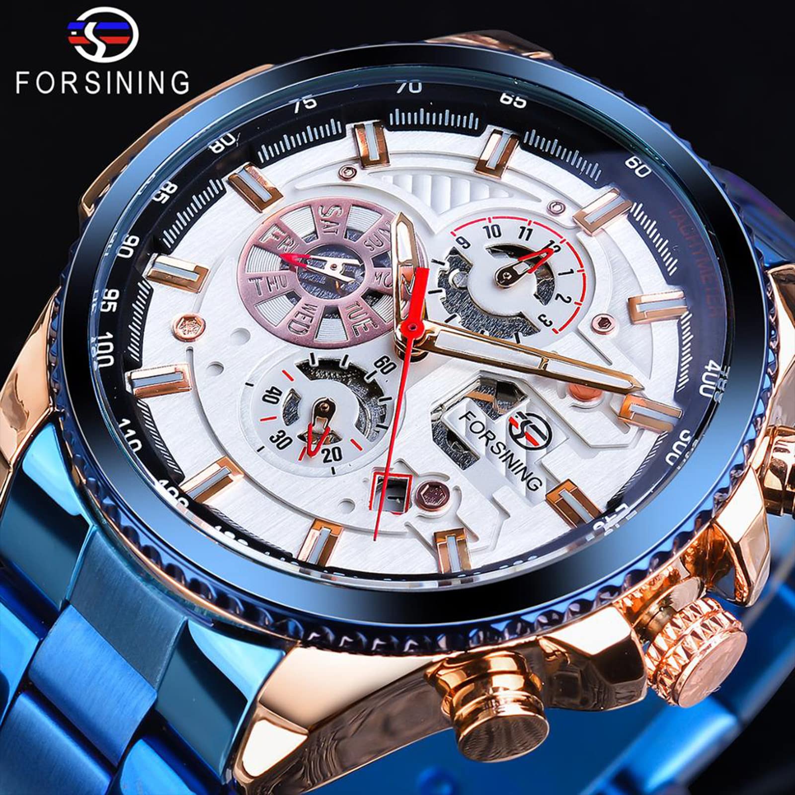 FORSINING Men's Automatic Self-Winding Luxury Stainless Steel Watch - Large Dial, Multifunction (Month/Day/Date, Stopwatch, Tachymeter) - Perfect for Business, Formal Events & Everyday Wear