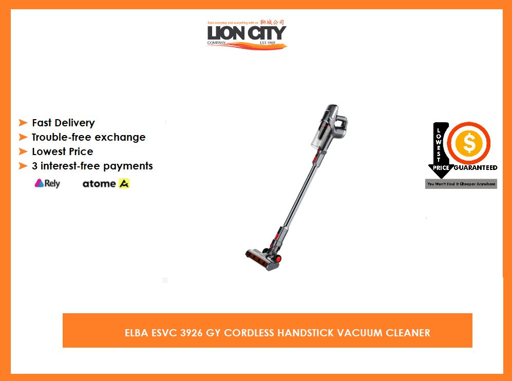 ELBA ESVC 3926 GY Cordless Handstick Vacuum Cleaner - Lightweight, Powerful Suction for Hard Floors & Carpets - Perfect for Home, Office & Pet Hair Cleaning