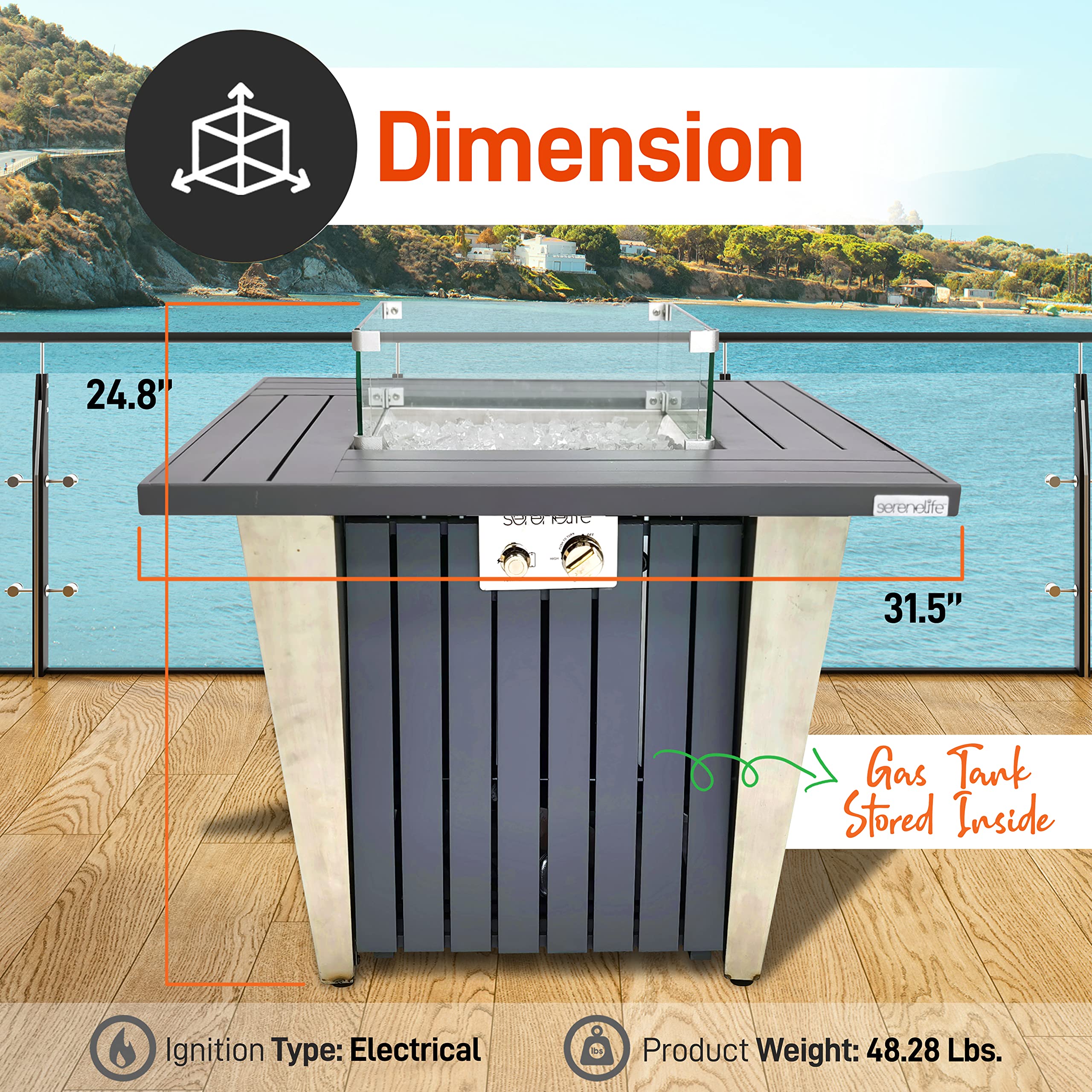 SereneLife Outdoor Propane Fire Pit Table - CSA/ETL Certified 50,000 BTU Square Gas Fire Table with Adjustable Flame, Pulse Ignition & Weatherproof Design - Includes Glass Wind Guard & Fire Glass Rocks - Perfect for Patio, Backyard, Deck & Outdoor Gatherings - SLFPX69