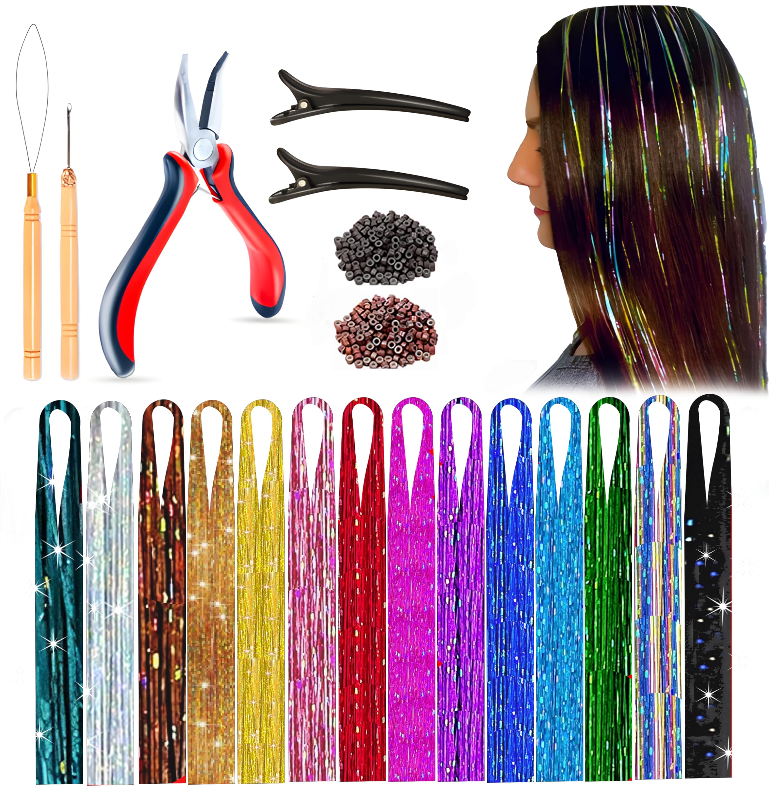 Andou 14 Colors 3500 Strands Heat Resistant Hair Tinsel Kit for Girls, Women & Kids - 48 Inch with Wooden Threader, Crochet Hook, Plier, Hair Clips & 200 Beads | Perfect for Parties, Festivals, Cosplay & Hair Styling