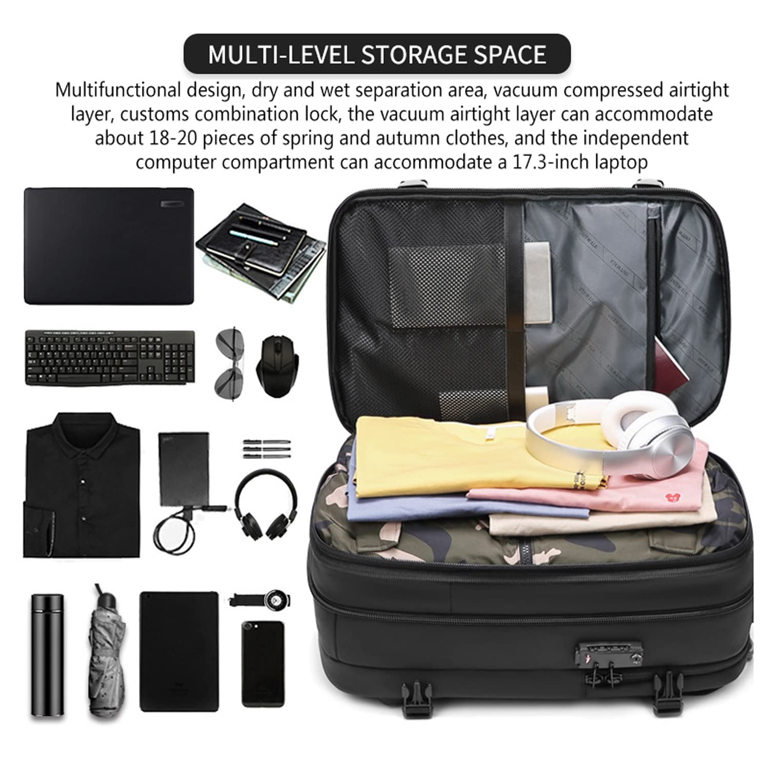 **19 Inch Expandable Laptop Backpack for Men - Large Capacity Vacuum Compression Travel Backpack with Dry/Wet Separation - Perfect for Business, Commuting & Outdoor Adventures (Black)**
