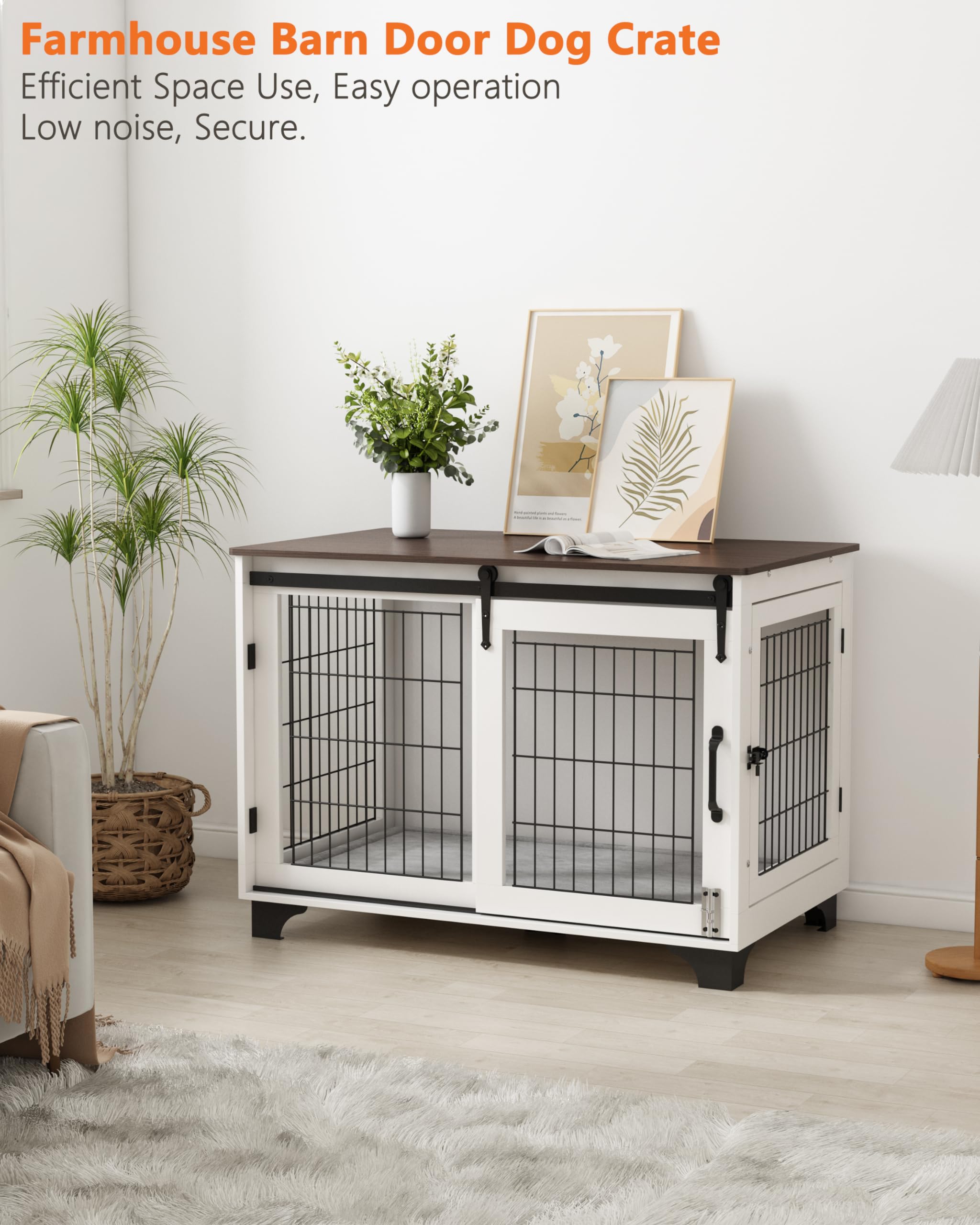 Piskyet Large Dog Crate Furniture - Barn Door Dog Kennel for Dogs Up to 60 lbs, Modern Sliding Door Pet Crate with Decorative End Table & Nightstand Design - Perfect for Living Room, Bedroom or Office