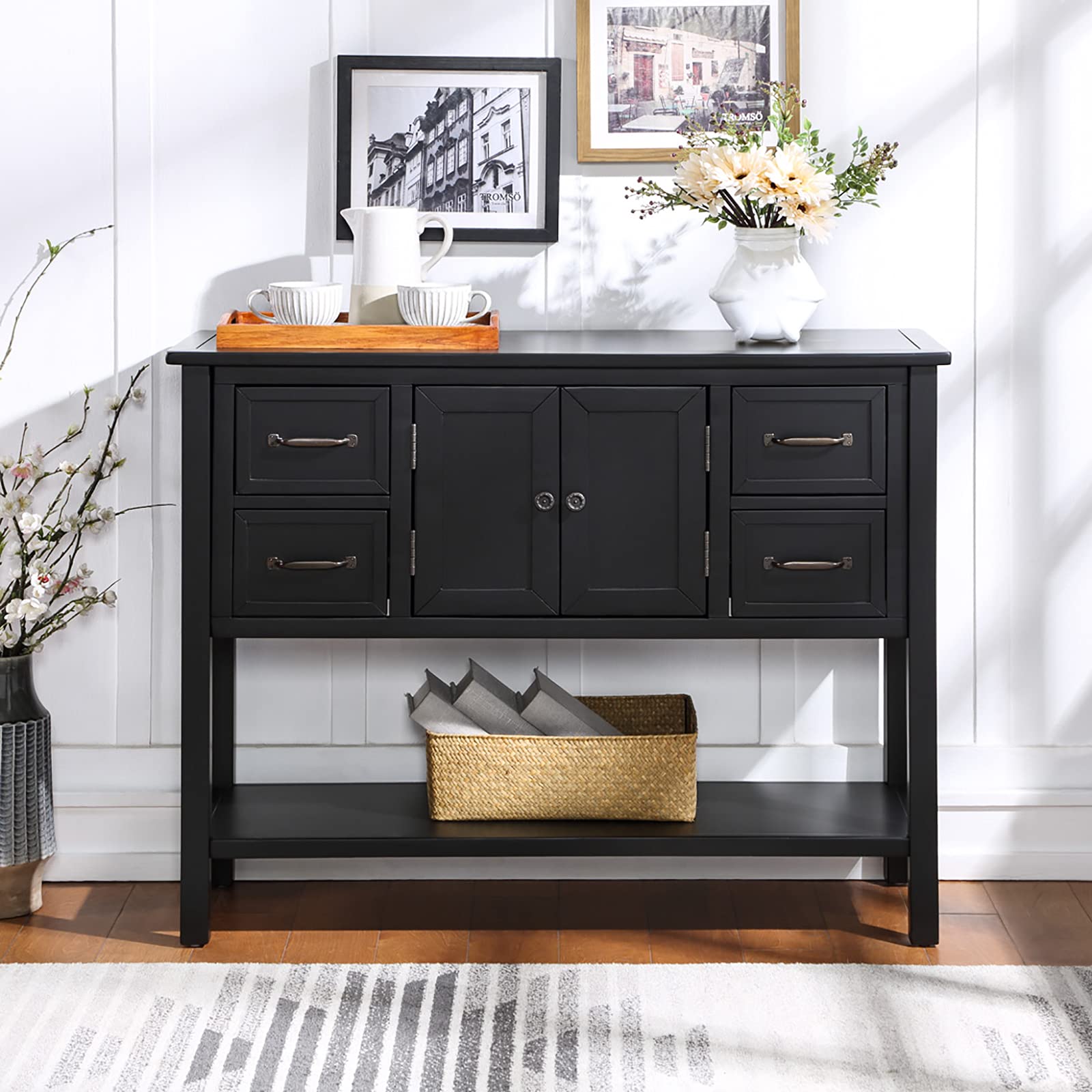 Solid Wood Buffet Cabinet with Doors & Drawers - Retro Dining & Living Room Storage