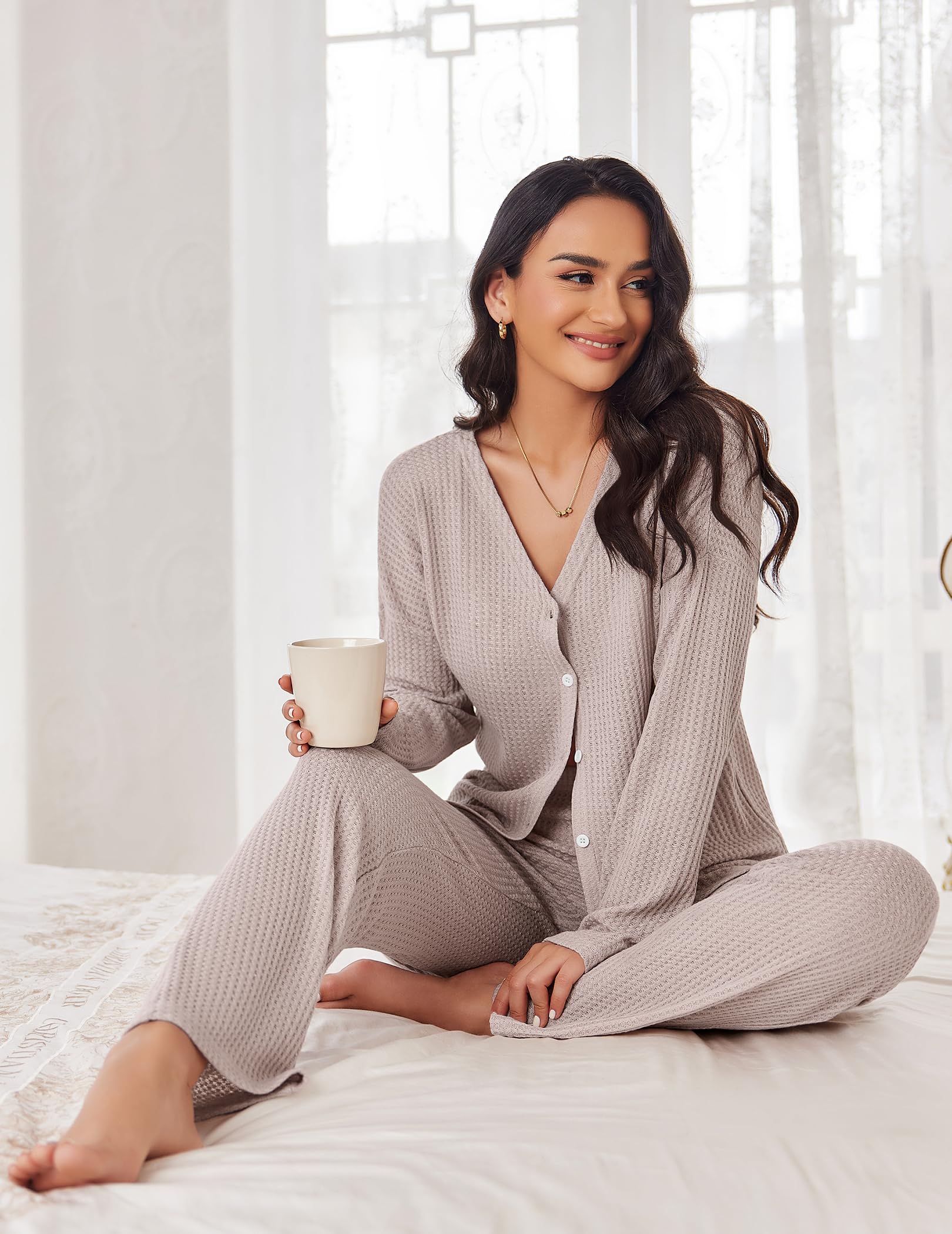 Ekouaer Women's Waffle Knit Pajama Set - Soft Button Down Sleepwear & Loungewear 2-Piece with Pockets - Cozy Nightwear for Relaxing at Home or Sleepovers