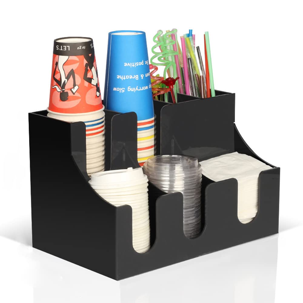 JMBK Black Plastic Coffee Condiment Organizer - Disposable Cup & Lid Holder with Sections - Countertop Portion Cup Storage for Coffee Bars, Bakeries & Restaurants - Perfect for Organizing Coffee Accessories, Creamers & Toppings
