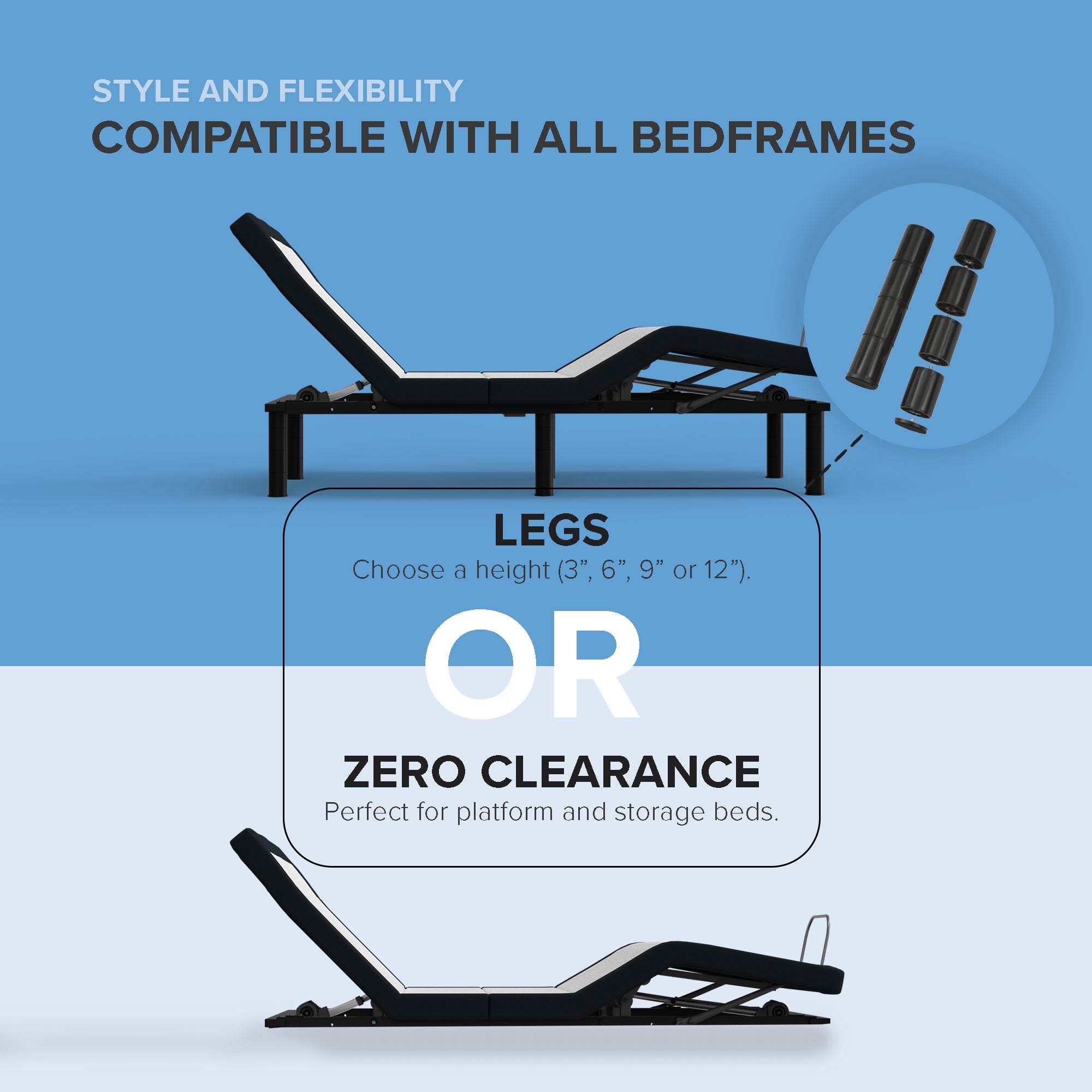 ZZZEN E3 Zero Clearance Adjustable Bed Frame with Wireless Remote - Perfect for Back Pain Relief, Reading & Watching TV in Bed
