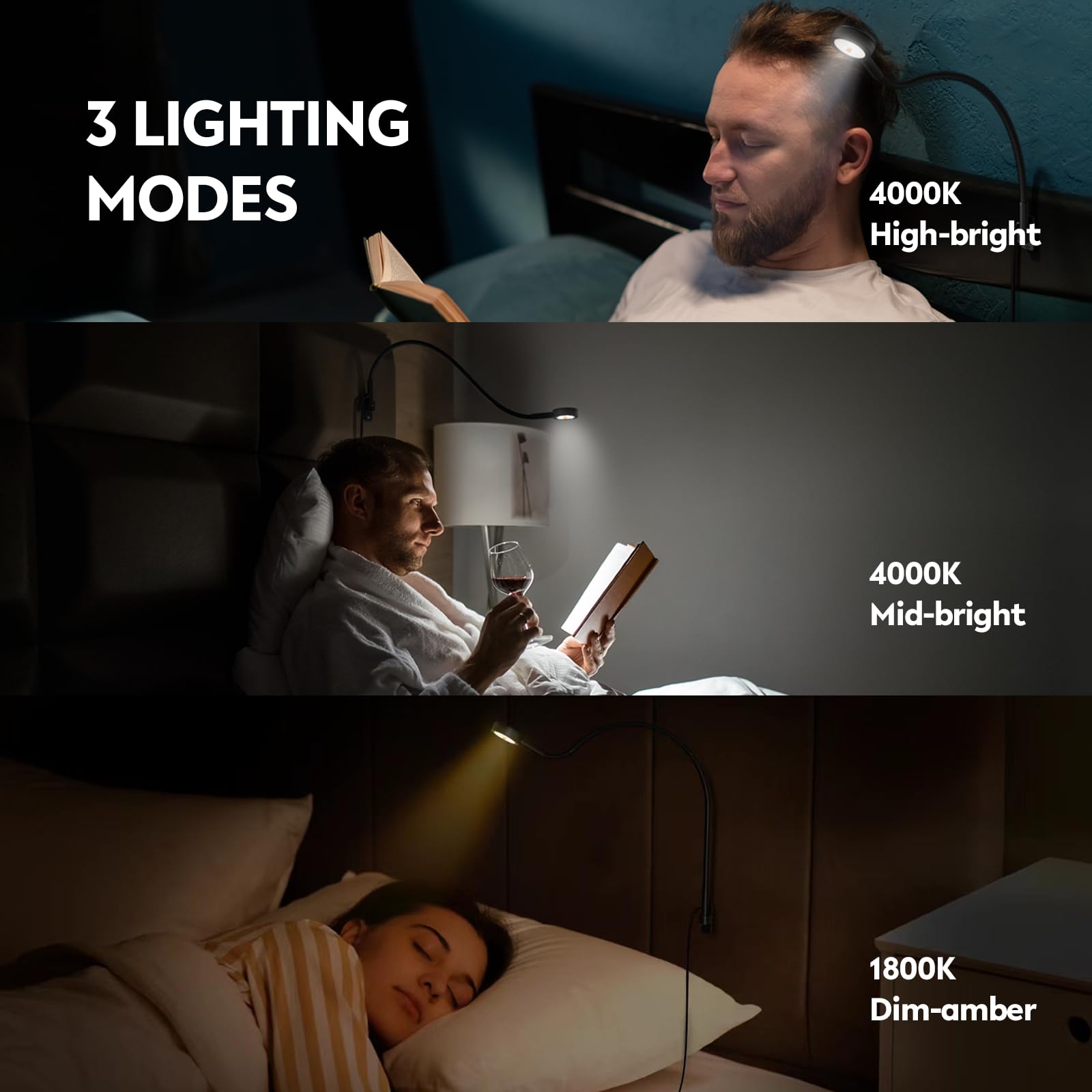 Acegoo Minimalist LED Reading Light - Flexible Gooseneck Bedside Lamp with 4000K Natural Light, CRI 90+, USB Powered - Perfect for Bedtime Reading, Study, and Nightstand Use