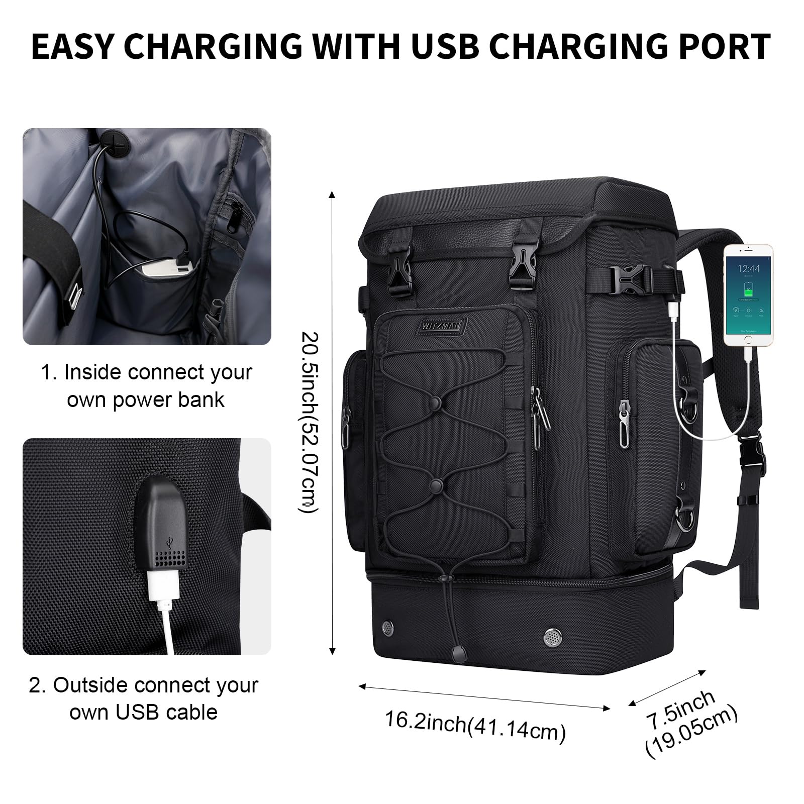 WITZMAN Classic Black Travel Backpack for Men & Women - Airline Approved Carry On Backpack with Shoe Compartment | Convertible Duffle Luggage for Business Trips, Weekend Getaways & Gym Use (Model B691)