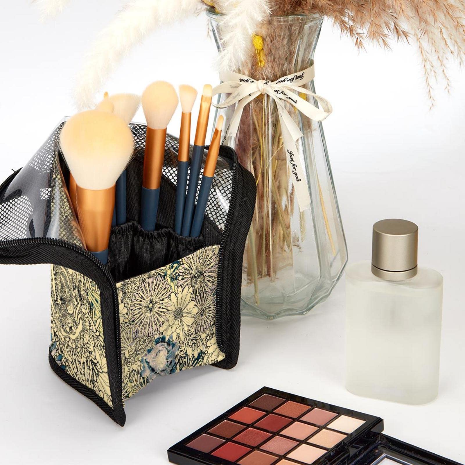 12-Piece Makeup Brush Organizer Bag with Yellow Hand-Painted Flowers - Portable Travel Cosmetic Brush Holder Set for Professional & Home Makeup Artists