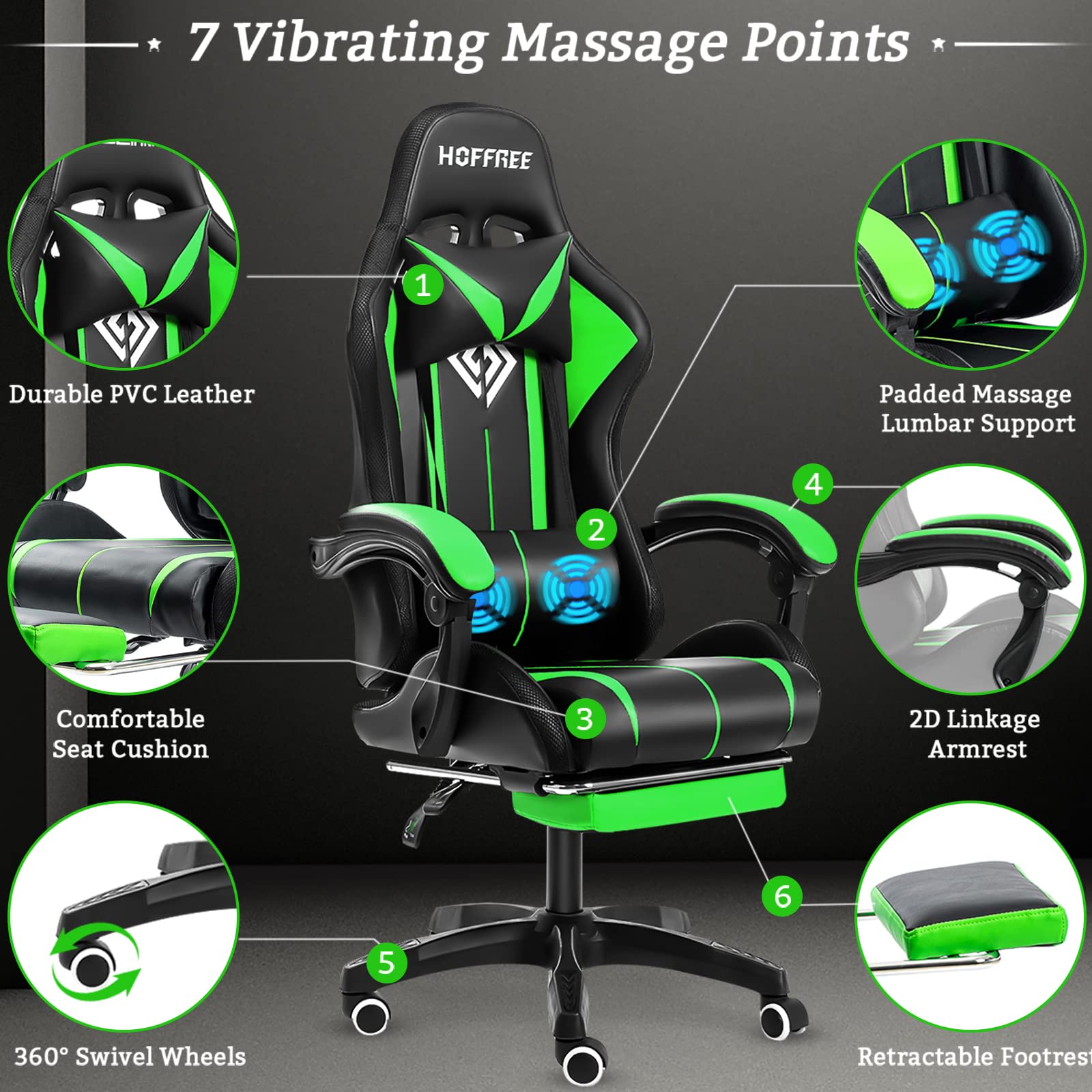 Ergonomic Gaming Chair with Massage, RGB LED Lights & Adjustable Footrest - High Back Computer Chair with Lumbar Support & Linkage Armrest (Green/Black) - Perfect for Esports, Streaming & Home Office Setup