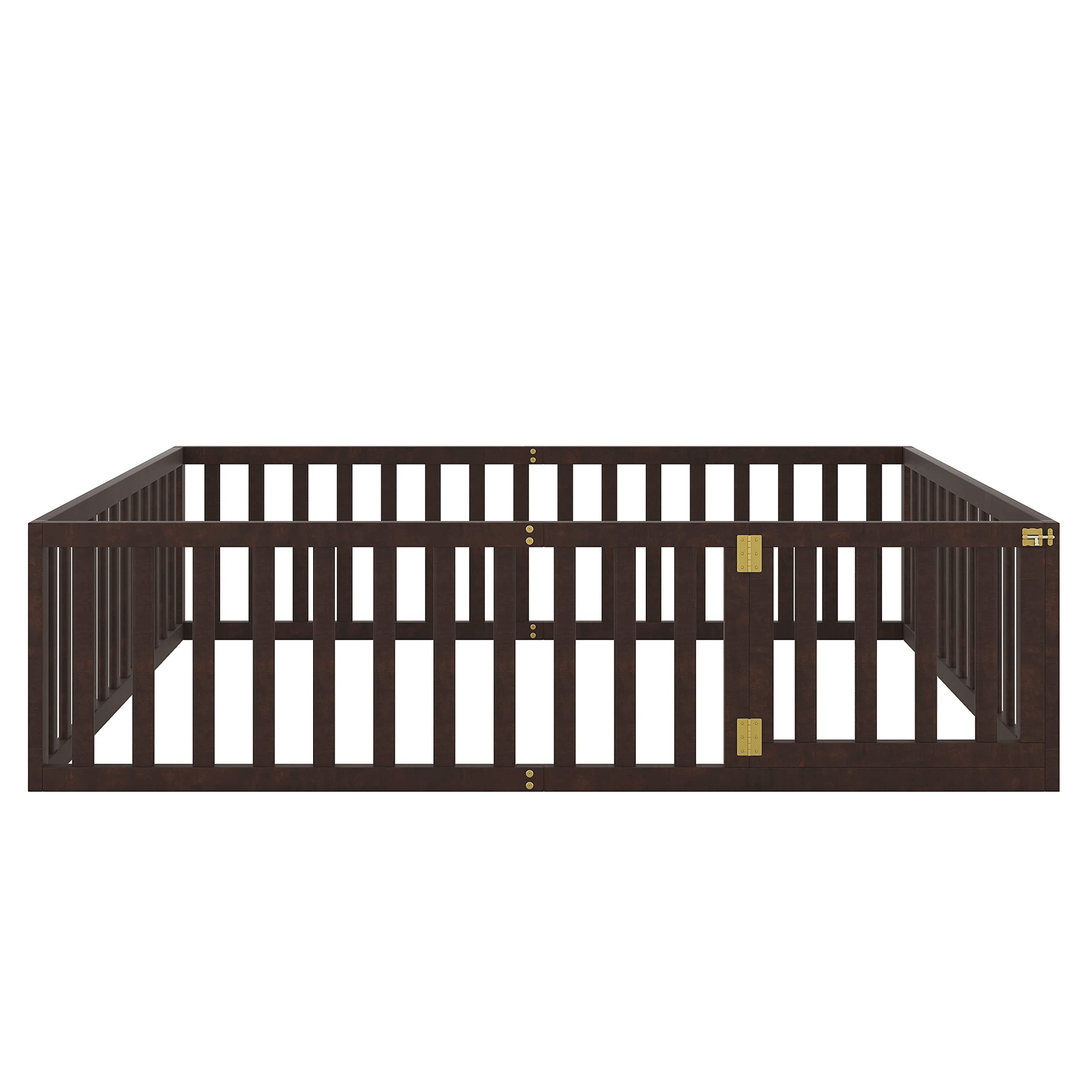MERITLINE Queen Size Wooden Bed Frame with Safety Fence & Door - Montessori Floor Bed for Kids 6+ Years - Easy Assembly - No Box Spring Needed (Walnut) - Perfect for Toddler Rooms, Daycare Centers & Montessori Classrooms