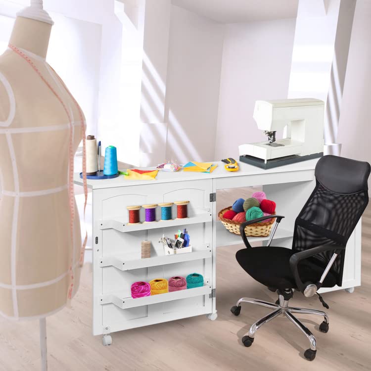Wooden Folding Sewing Table with Adjustable Storage Shelves & Lockable Casters - Portable Rolling Sewing Cabinet Desk for Small Spaces, Craft Room & Quilting Studio (White) | Perfect for Sewing Projects, DIY Crafts & Home Organization