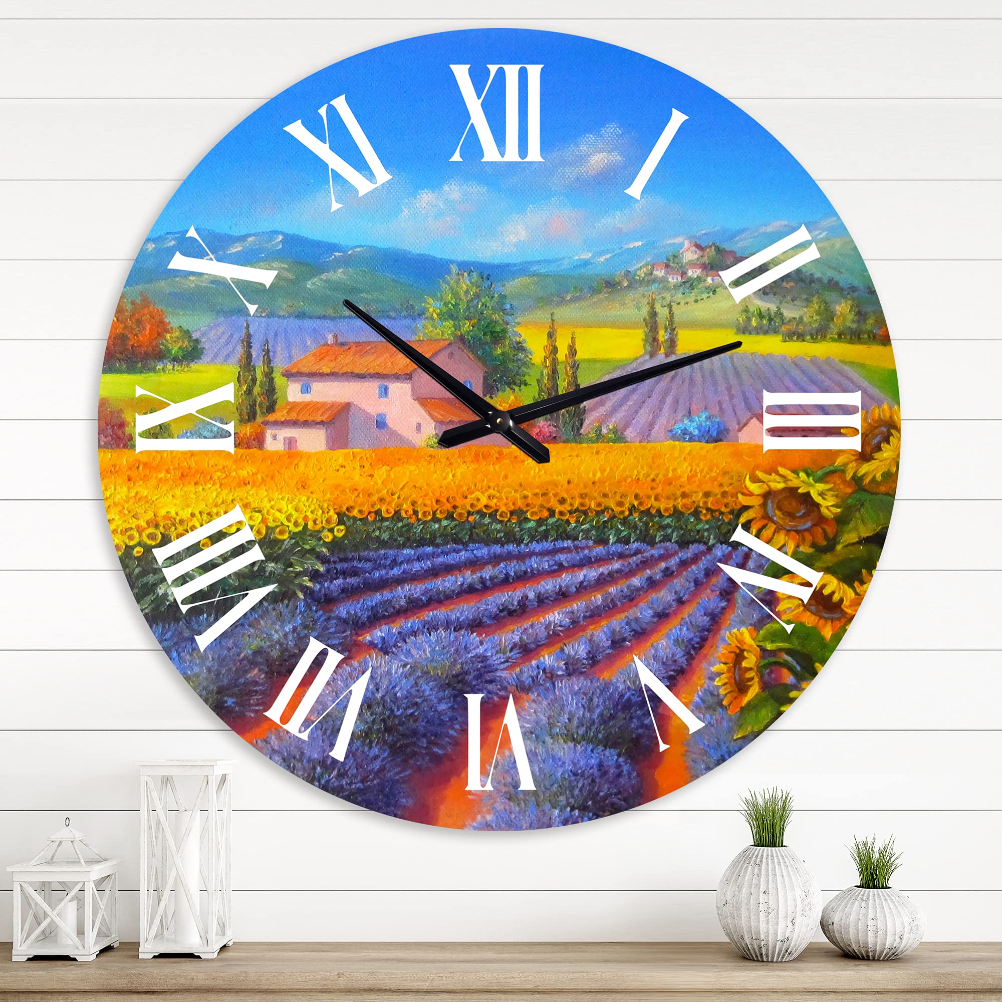 Lavender and Sunflower Fields Wall Clock - Large Traditional Landscape Wall Clock for Home, Office & Kitchen Decor | Perfect for Living Room, Bedroom & Workspace