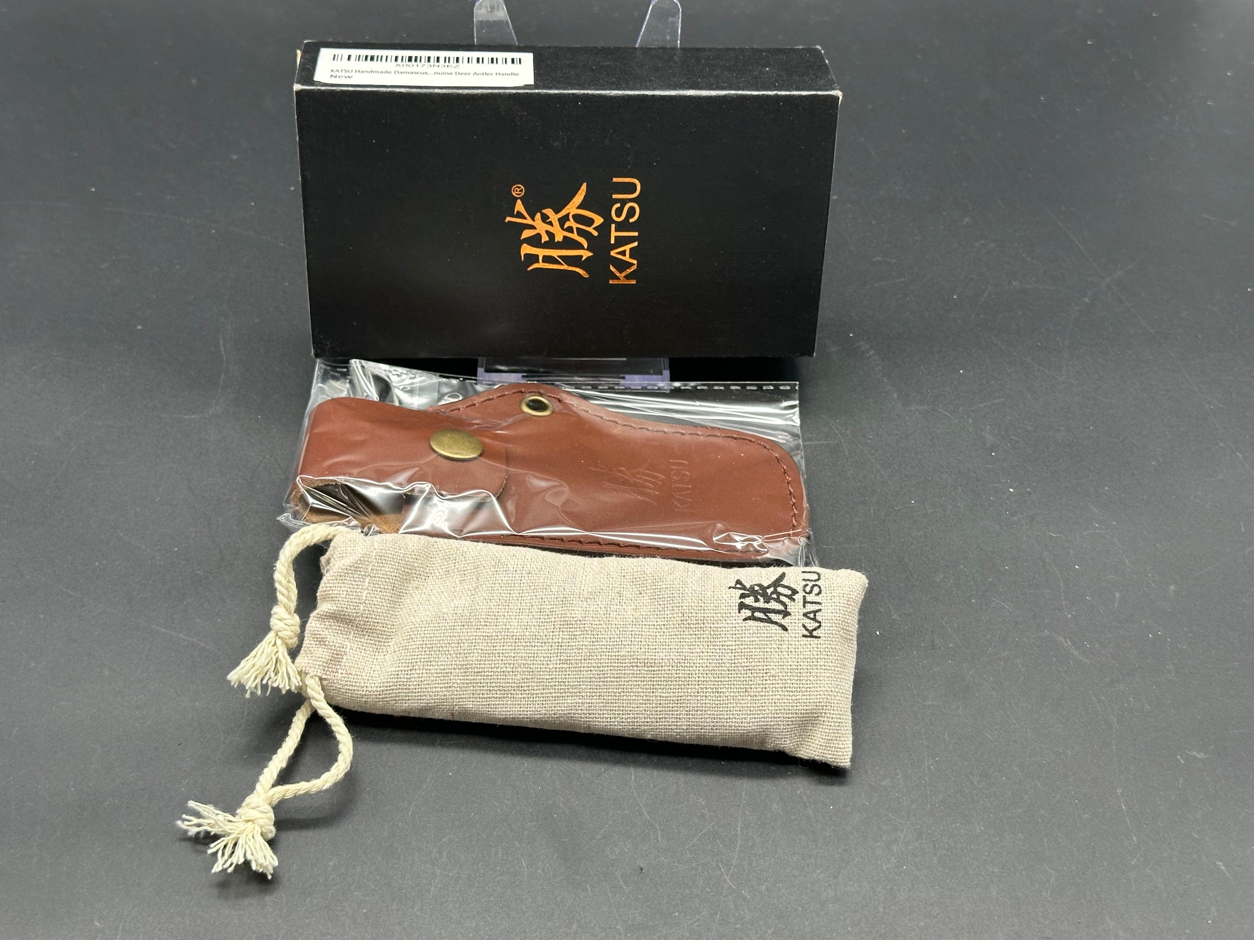 KATSU JDA01 Genuine Deer Antler Handle Hunting Knife with Damascus Steel Blade & Leather Sheath - Perfect for Outdoor Camping, Bushcraft, and Survival Activities