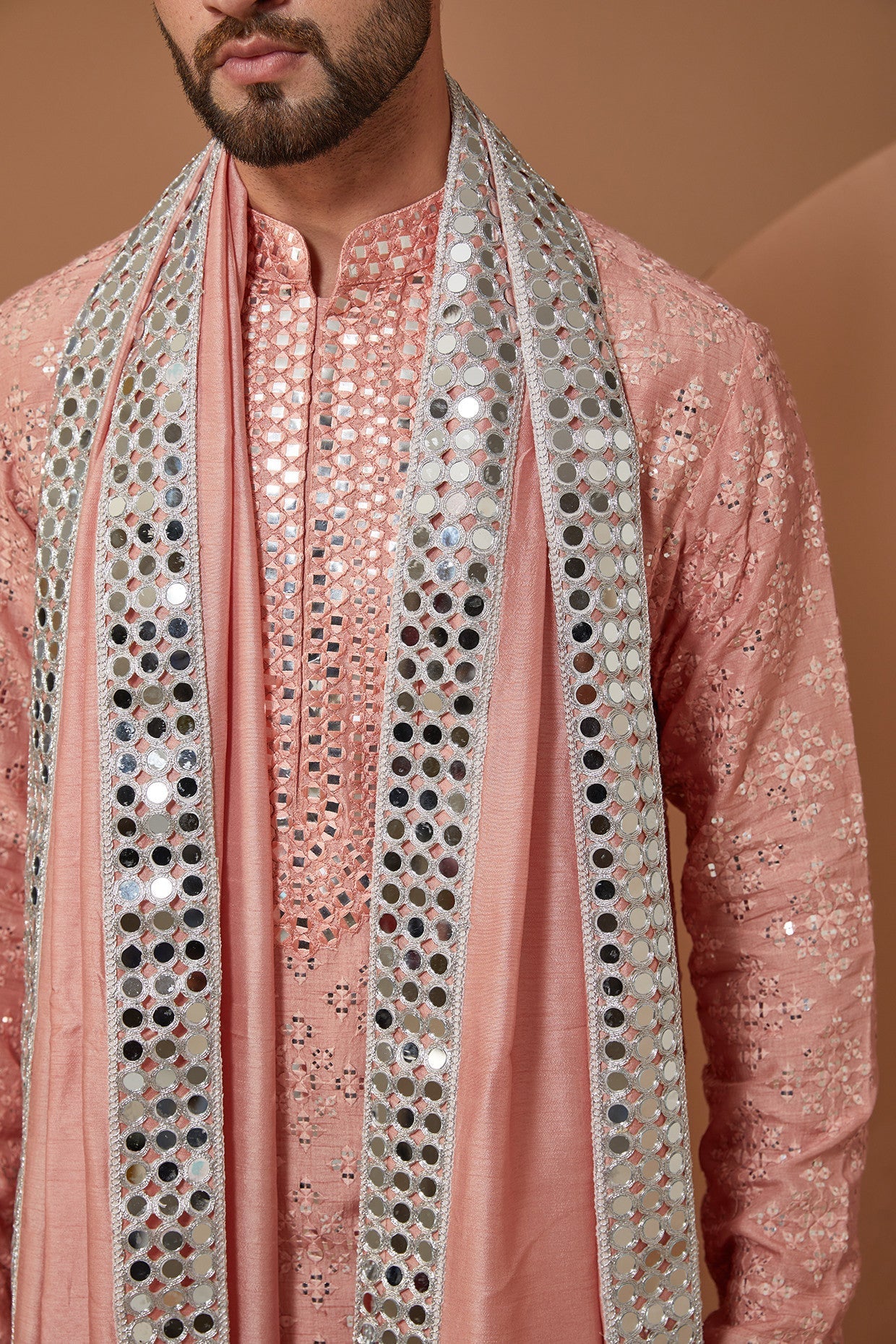 Elegant Peach Mirror Work Kurta with Matching Stole - Traditional Indian Embroidered Tunic for Women - Perfect for Festivals, Weddings, and Special Occasions