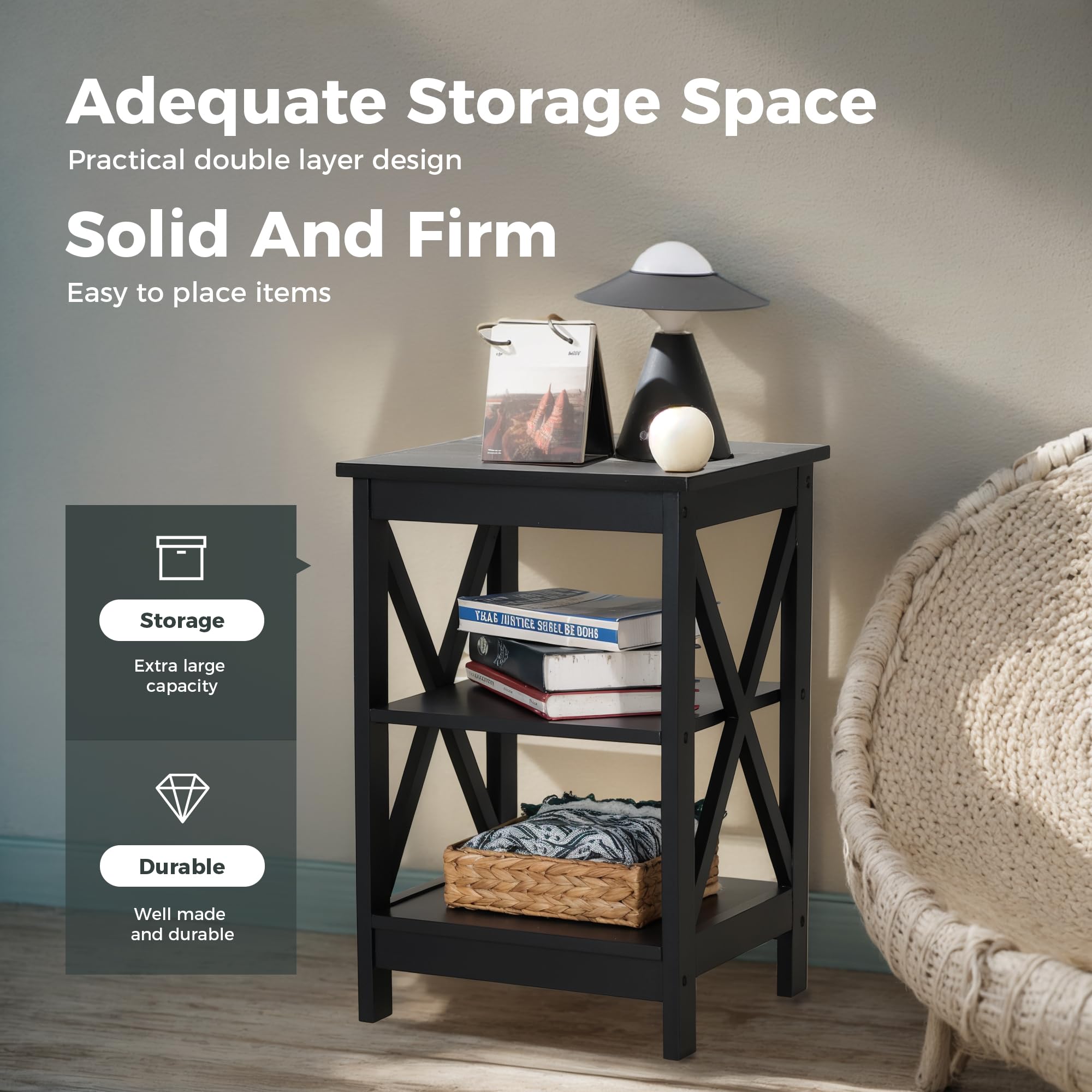 MAISON ARTS Black End Tables Set of 2 - 3-Tier Modern Nightstands for Living Room & Bedroom, Farmhouse Small Side Tables - Perfect for Coffee Storage, Reading Lamps, and Bedside Essentials