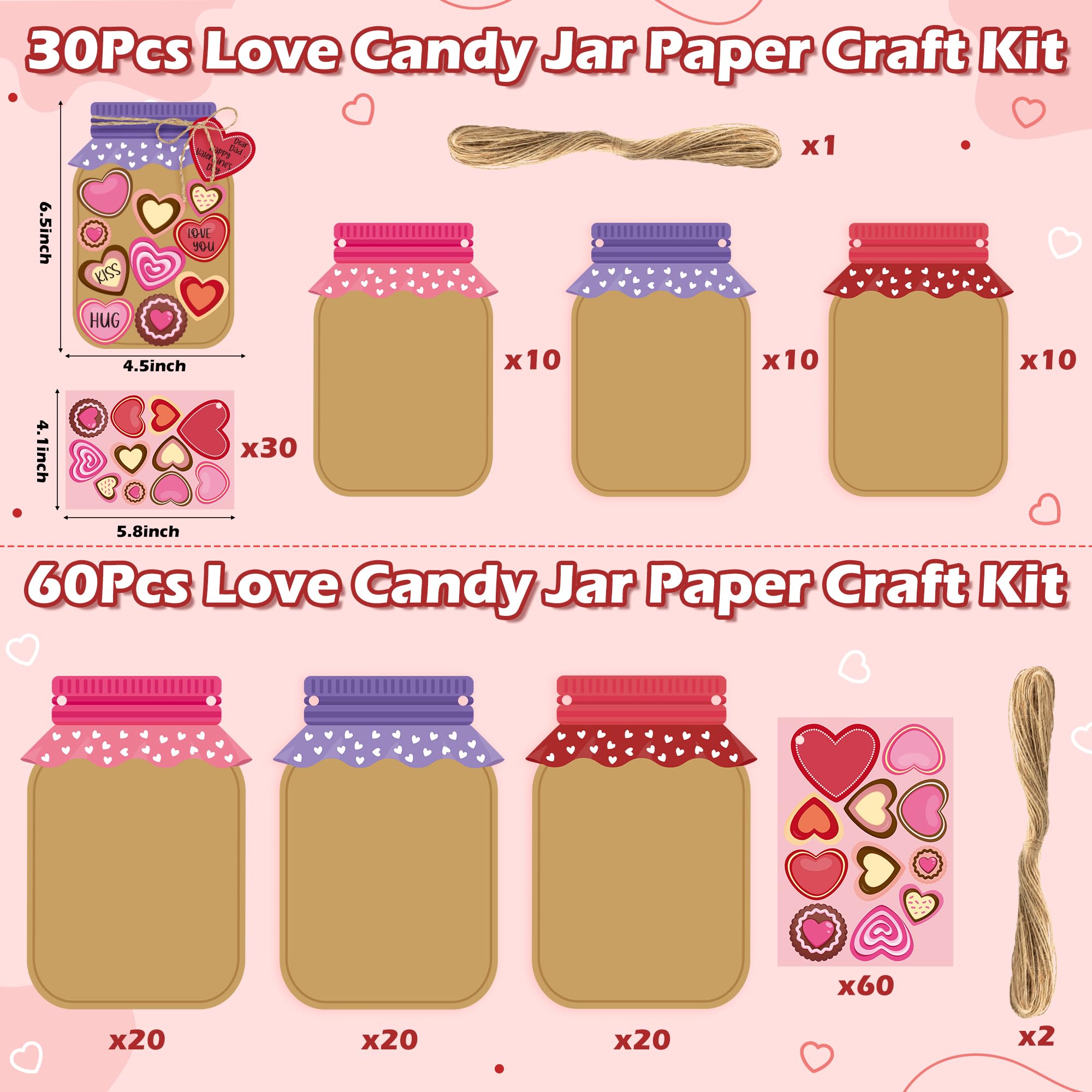 WATINC DIY Valentine's Day Candy Jar Craft Kit - 30PCS Heart-Shaped Candy Jar Making Supplies for Kids, Home, School & Classroom Activities | Perfect for Valentine Gifts, Party Decor & Creative Fun