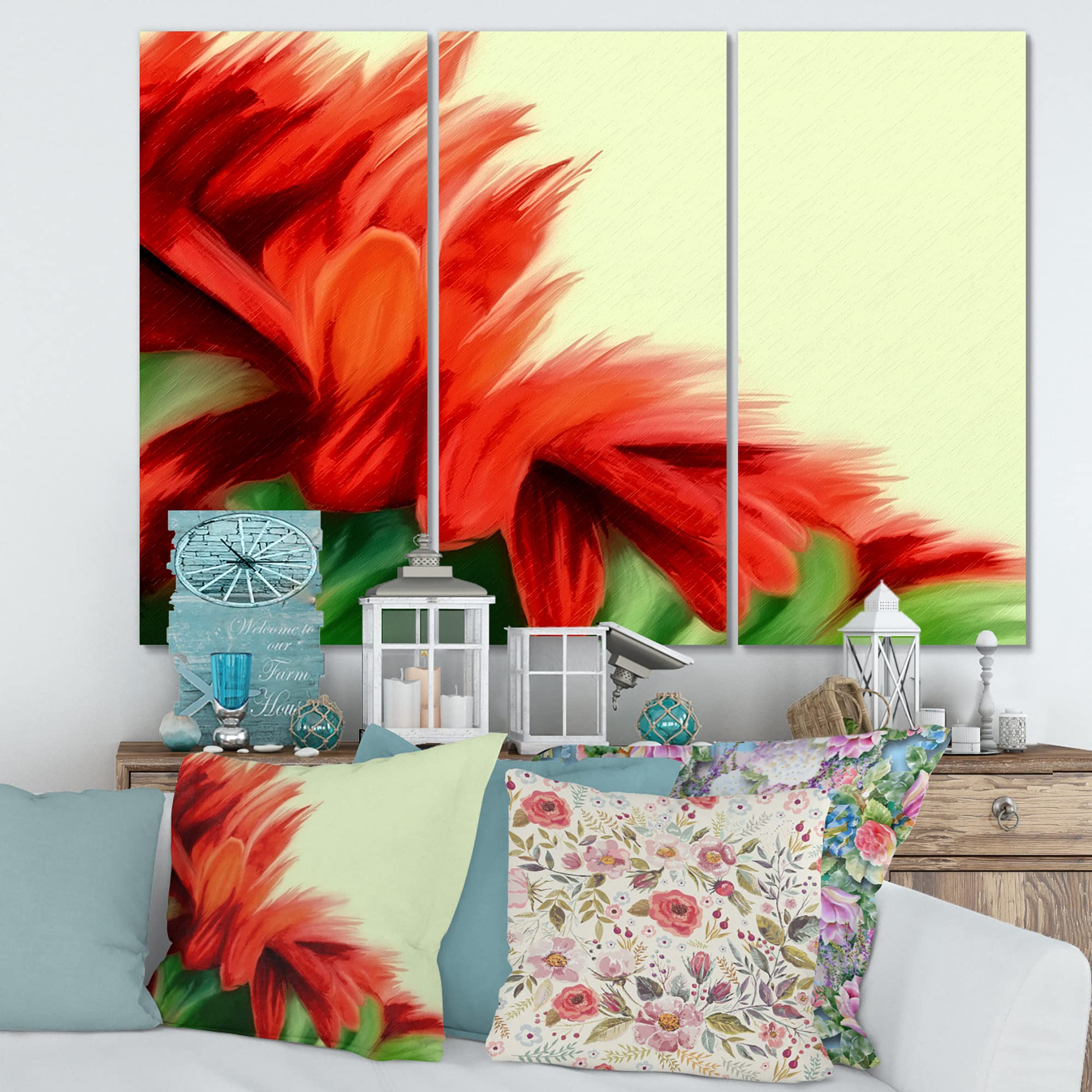 Vibrant Red Floral on Green Traditional Canvas Wall Art - Handmade Home Decor for Living Room, Bedroom & Office