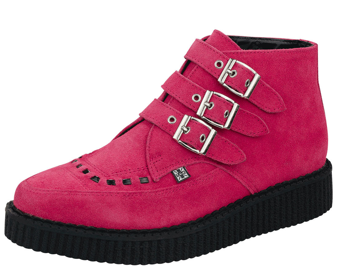 T.U.K Pink Suede Buckle Pointed Creeper Boots - Women's Vintage Punk Rock Ankle Booties for Concerts, Parties & Gothic Fashion