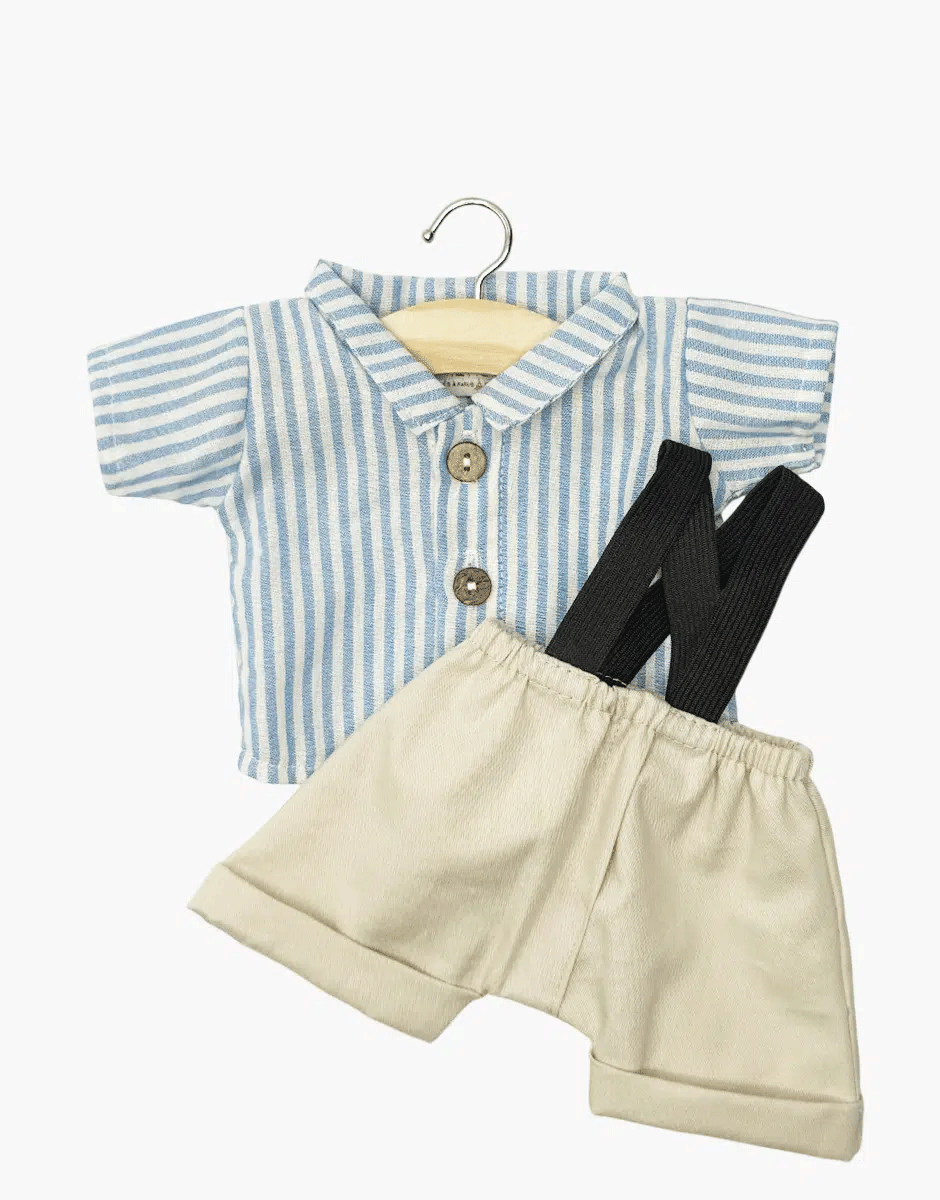 Minikane Blue Striped Leopold Shirt & Beige Suspenders Baby Doll Outfit Set - Perfect for Dress Up, Photo Shoots & Collectible Displays
