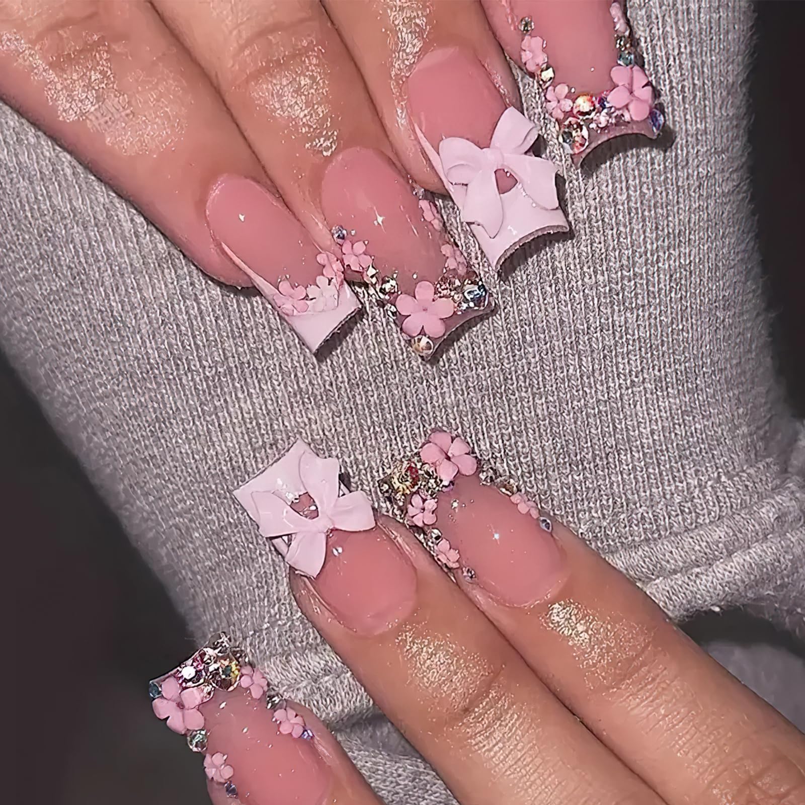 3D Bow Flower French Tip Press on Nails - Medium Square Fake Nails with Rhinestones | Glossy Nude Color Acrylic False Nails for Women (24Pcs) | Perfect for Weddings, Parties & Special Occasions
