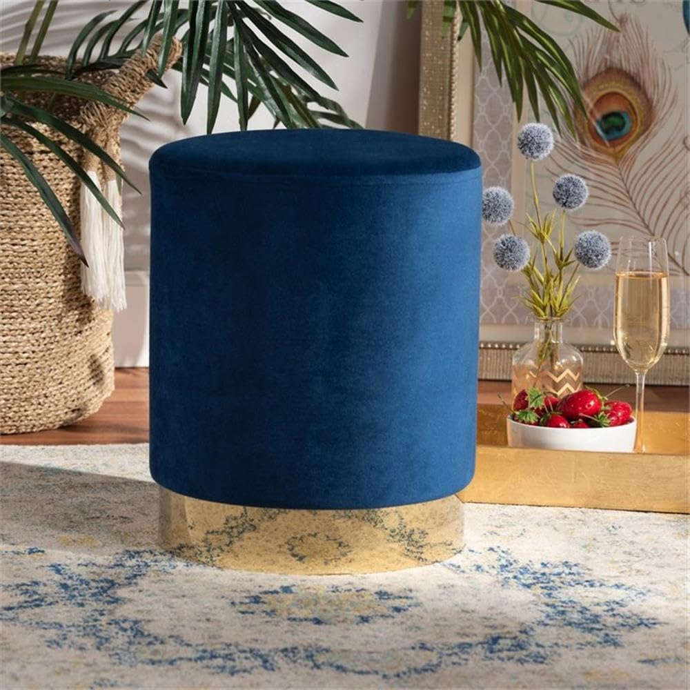 Baxton Studio Chaela Navy Blue Velvet Ottoman with Gold Metal Base - Contemporary Glam Footstool for Living Room, Bedroom & Lounge Decor