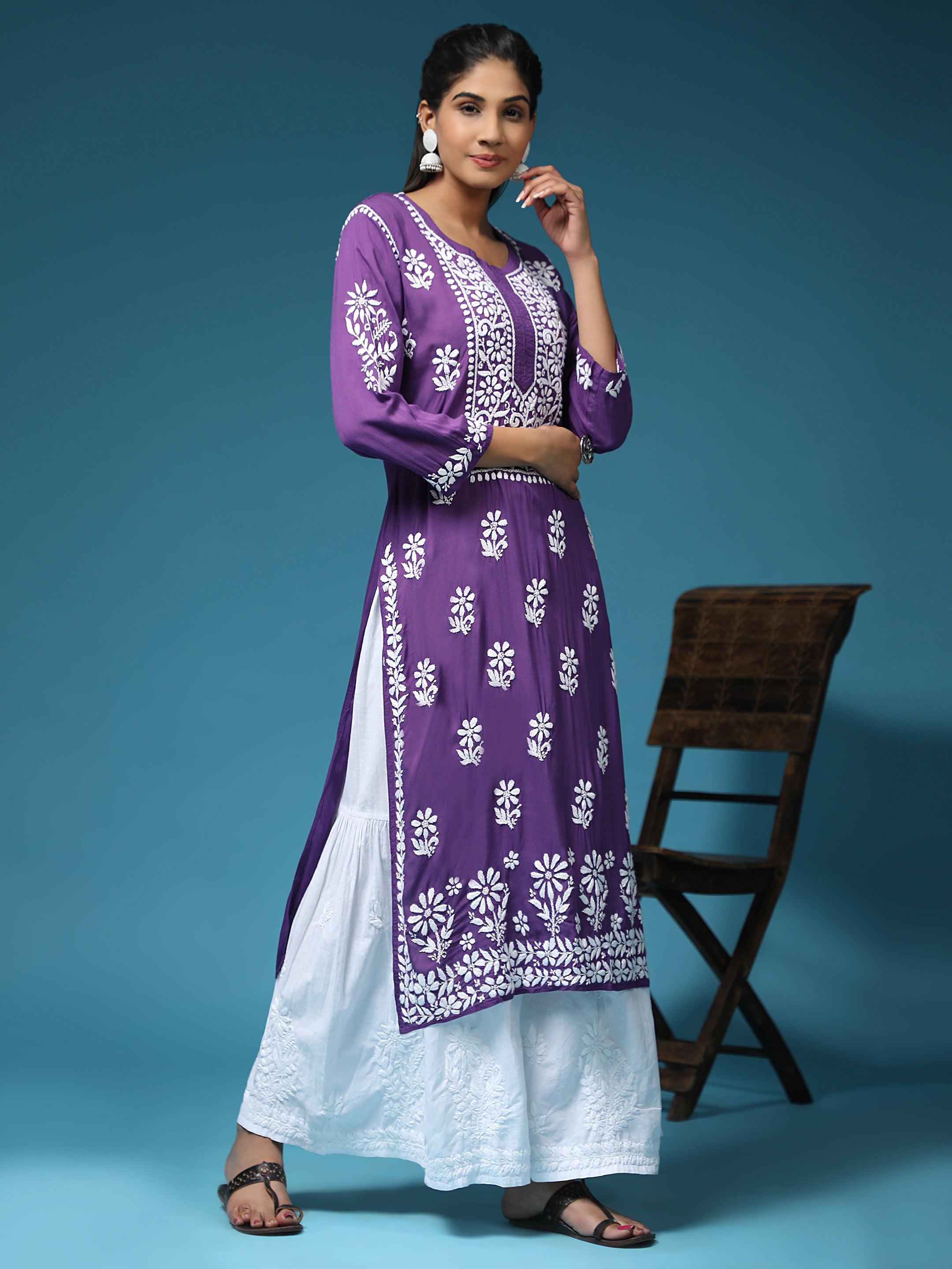 Premium Hand Embroidery Chikankari Kurta - Soft Modal Cotton Women's Tunic - Elegant Purple Ethnic Top for Casual Wear & Festive Occasions