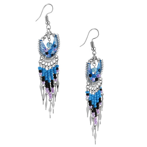 Handmade Peruvian Blue Silk Thread Beaded Crescent Dangle Earrings - Stainless Steel Jewelry for Women | Boho Chic Accessories for Parties, Weddings & Everyday Wear